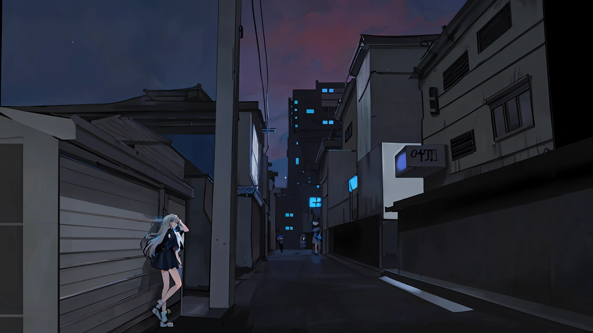 Long hair white shirt girl standing against a wall, side face, retro anime image, 1980s Japanese anime style, Hong Kong style, dark blue clouds outside car window, night, bare legs, cyberpunk alley, neon city in the background, street city night anime style cityscape, dark dark back alley at night, street night