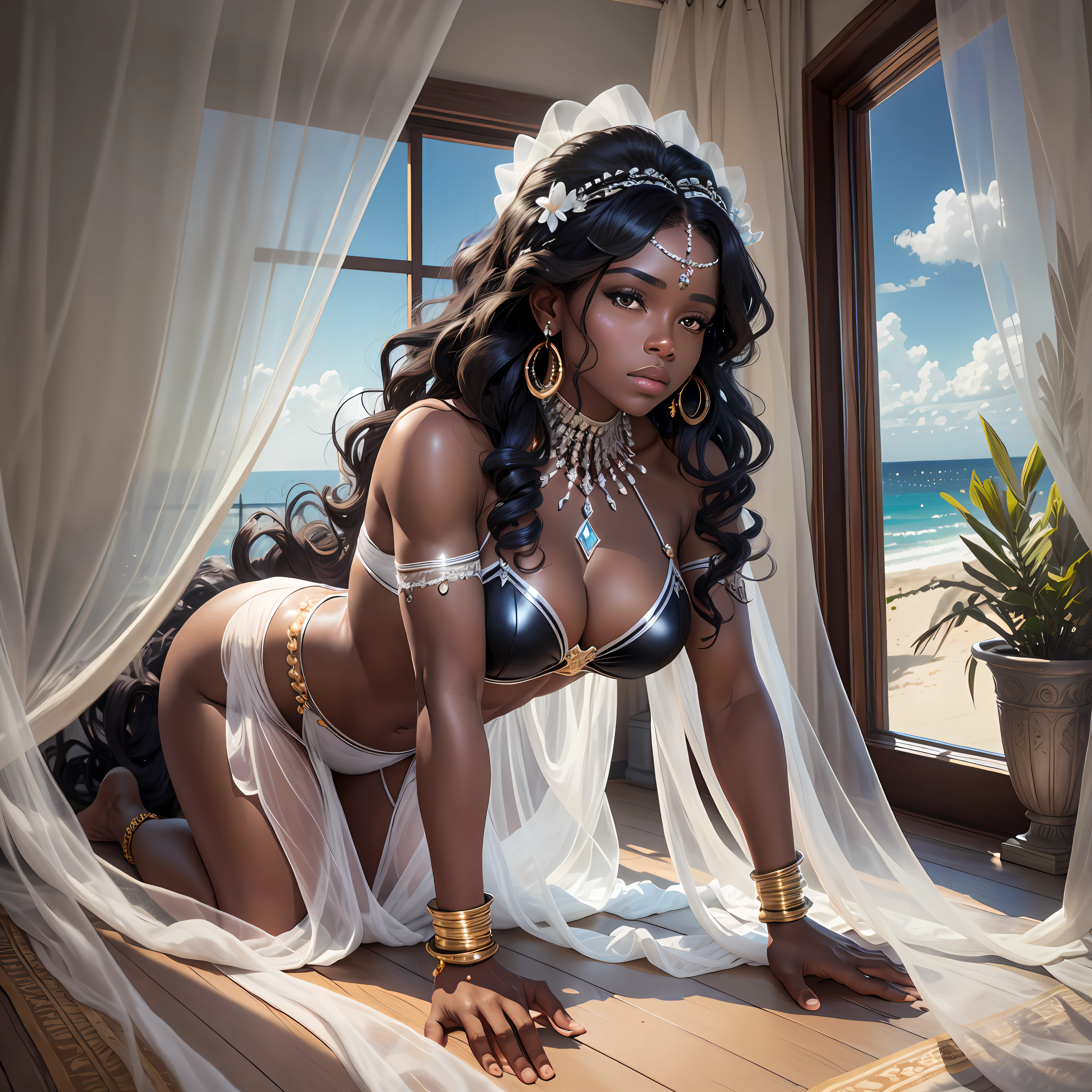 Professional photo, defined muscles, black skin, big hair, precious stones, jewelry, girl in a white realistic bed, background of a window overlooking the sea, large white curtain, sunlight, top, white langerie, (kneeling on all fours)