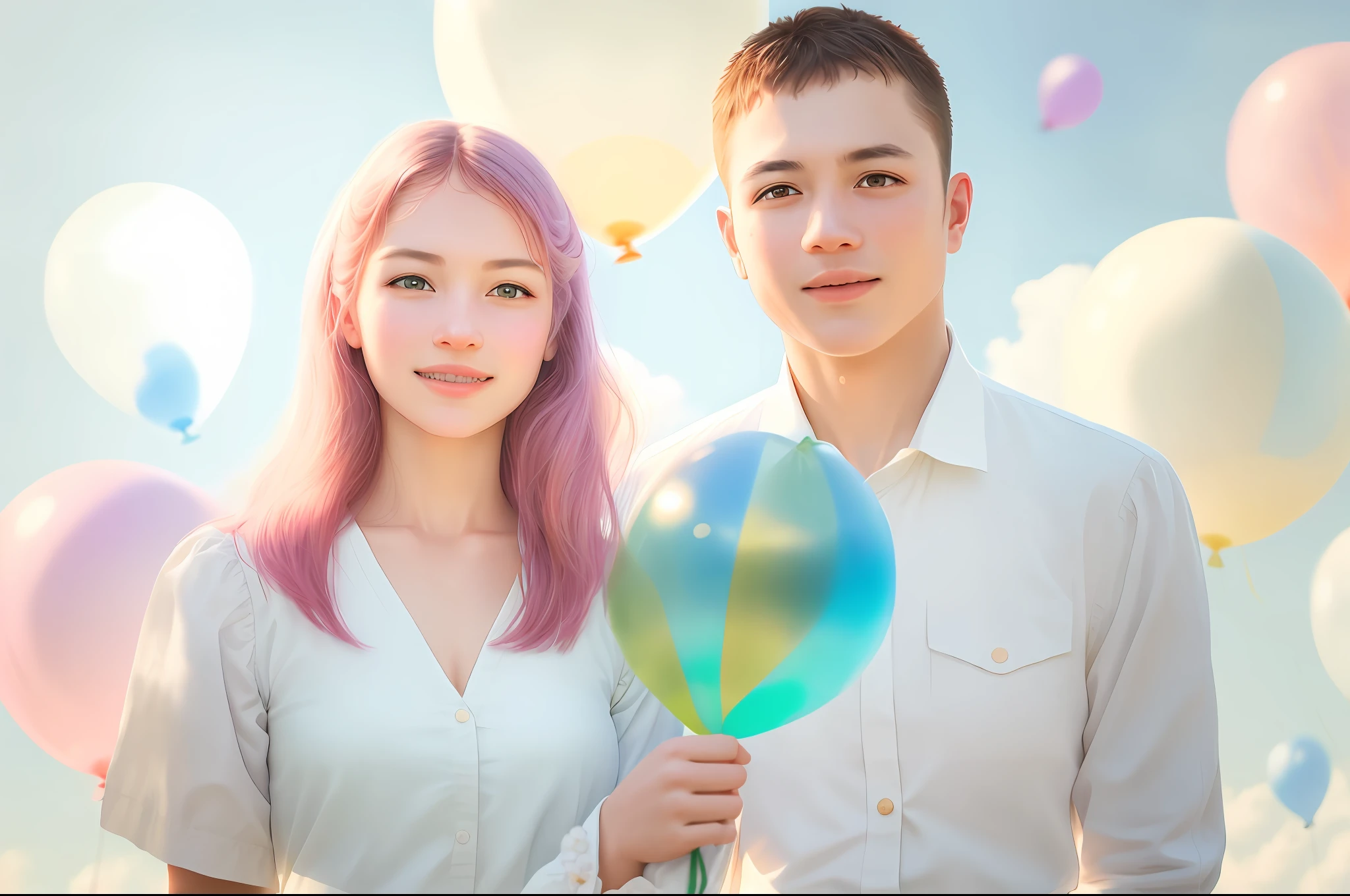 A girl holding flowers, colorful balloons floating in the sky, meadow, dancing, holding flowers, happy, happy, perfect quality, clear focus (clutter-home: 0.8), (masterpiece: 1.2) (Realistic: 1.2) (Bokeh) (Best quality) (Detailed skin: 1.3) (Intricate details) (8K) (Detail Eyes) (Sharp Focus), (Happy)