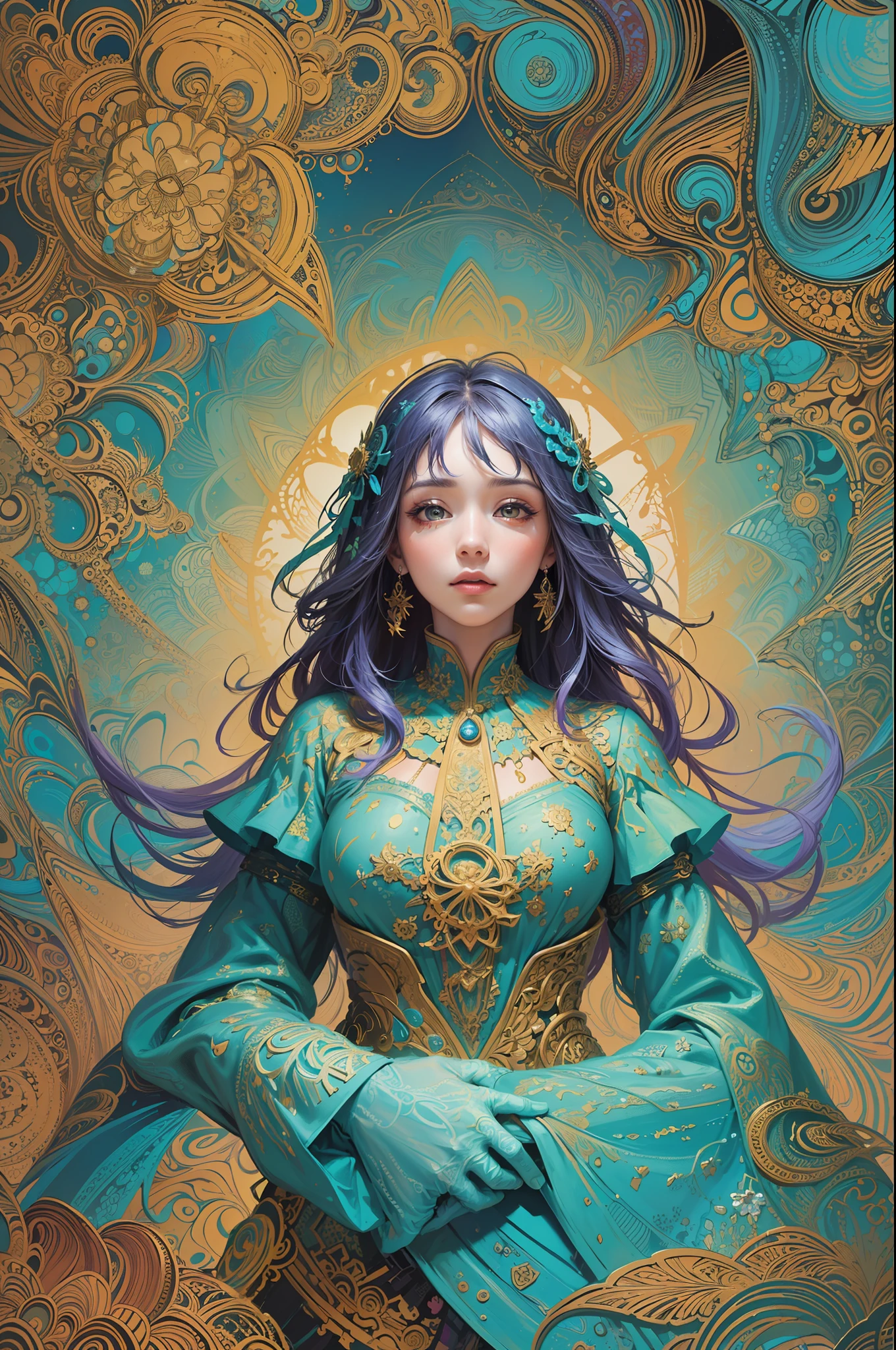 (masterpiece, top quality, best quality, official art, beautiful and aesthetic:1.2), (1girl:1.3), extremely detailed,(fractal art:1.2),colorful,highest detailed,(zentangle:1.2), (dynamic pose), (abstract background:1.5), (treditional dress:1.2), (shiny skin), (many colors:1.4), upper body