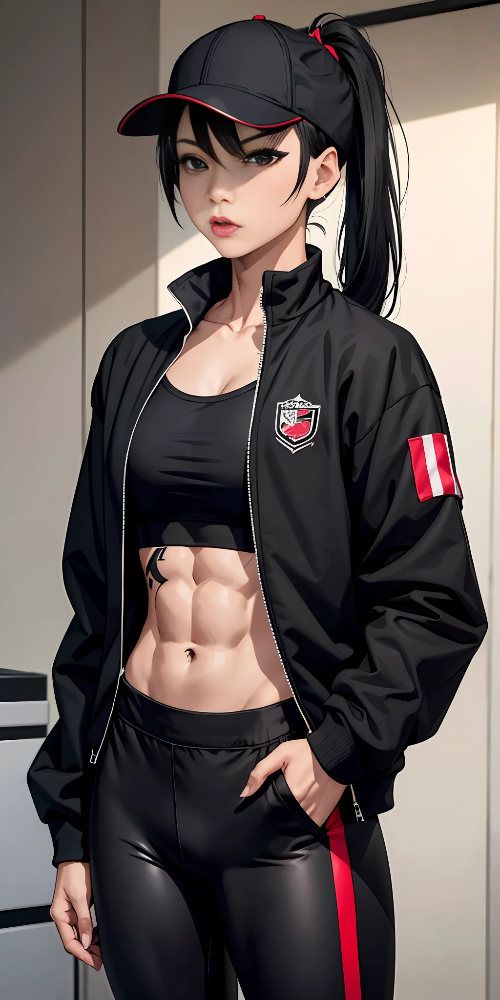 Boy, Asian, , adult, tattoo, lipstick, gothic, girl face, serious face, ,cap, black hair (ponytail with bangs), cap, muscular, cycling pants, long sleeve sweatshirt jacket, large thighs (park)