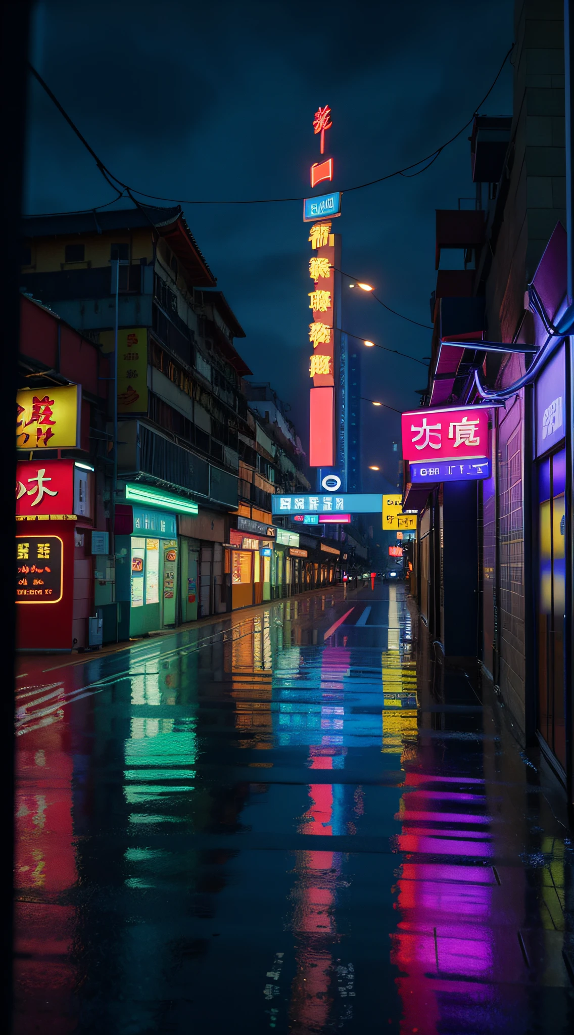 scenery, neon, (no humans:1.8), masterpiece, best quality, 8k, raw photo, absurdres, very dark navy, night, street, (Liam Wong:1.4), (buildings, hong kong, humid:1.2), asian shopping district, kowloon walled city, (sharp focus, wide shot, dark background:1.8), rain, fog, (perspective, depth of field, bleach bypass:1.5), photorealistic, highres, ultra detailed, cinematic lighting, film grain, chromatic aberration