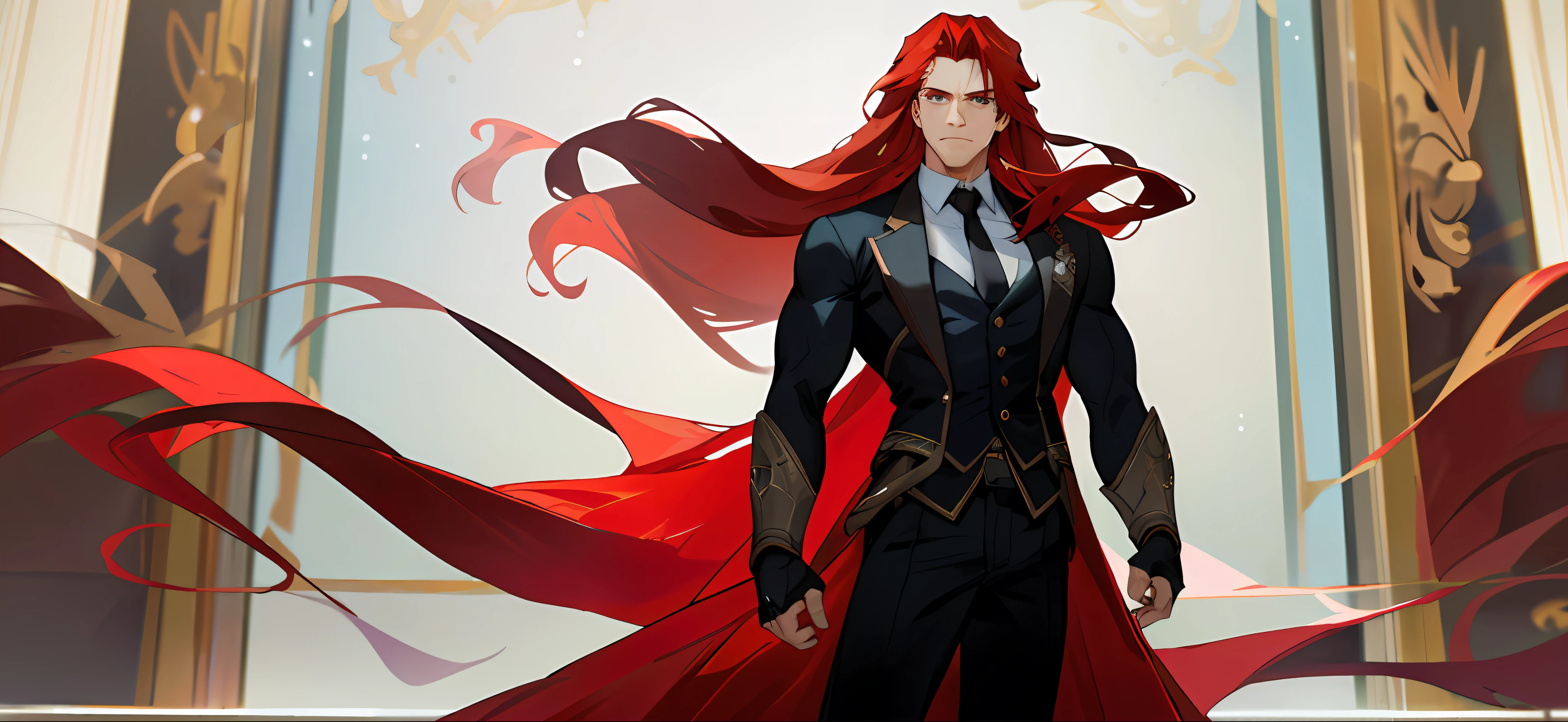 "((Masterpiece)), highest image quality, sadness, red-haired actor and long hair (1.1), standing upright (1.1), muscular (1.2) and suit (1.1)"
