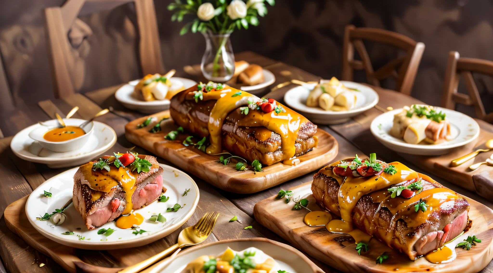 Step into a world of carnivorous opulence, where a symphony of beef processed creations awaits your admiration. Laid out on a majestic wooden table, a tapestry of culinary wonders unfolds. From velvety beef Wellington adorned with golden pastry to delicate carpaccio drizzled with tangy sauces, the arrangement captivates with its precision and allure. The high-resolution capture unveils every tantalizing detail, inviting you to savor the richness of the scene