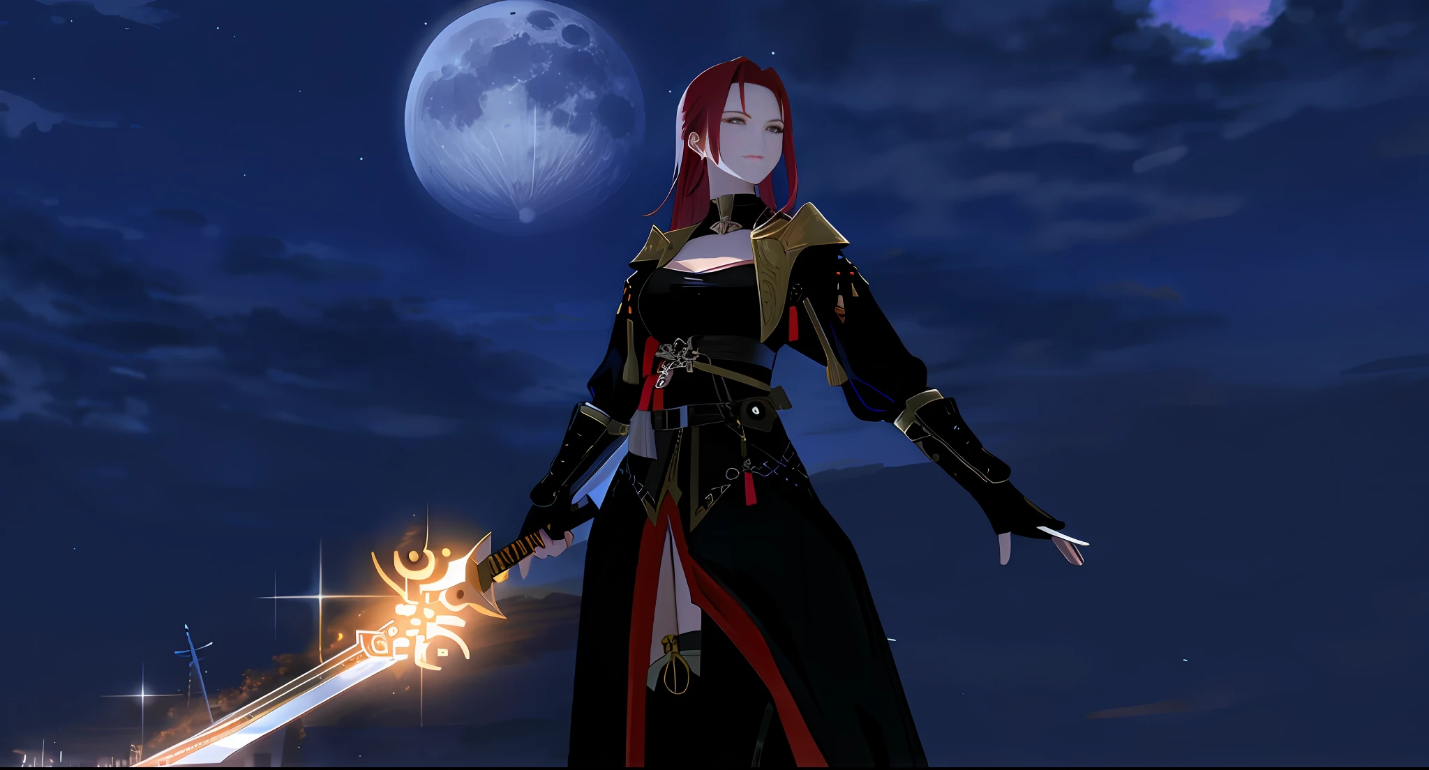 Red-haired girl holding a sword, face well detailed, dusk with moon well detailed.