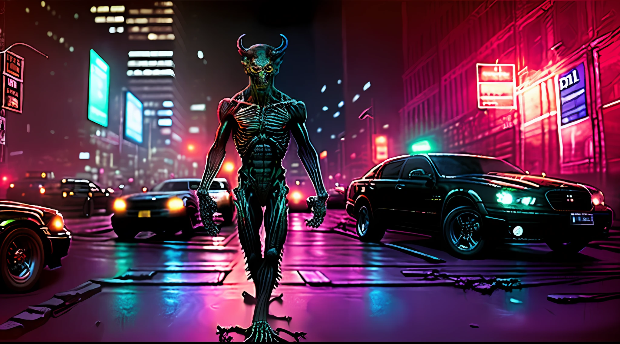 ((full body)), (demon), ripped body, Horror movie, highly detailed, illustration, digital art, hd, 8k, soft lighting, dark, details, ultrarealistic, bckgroud night in the city zoombie