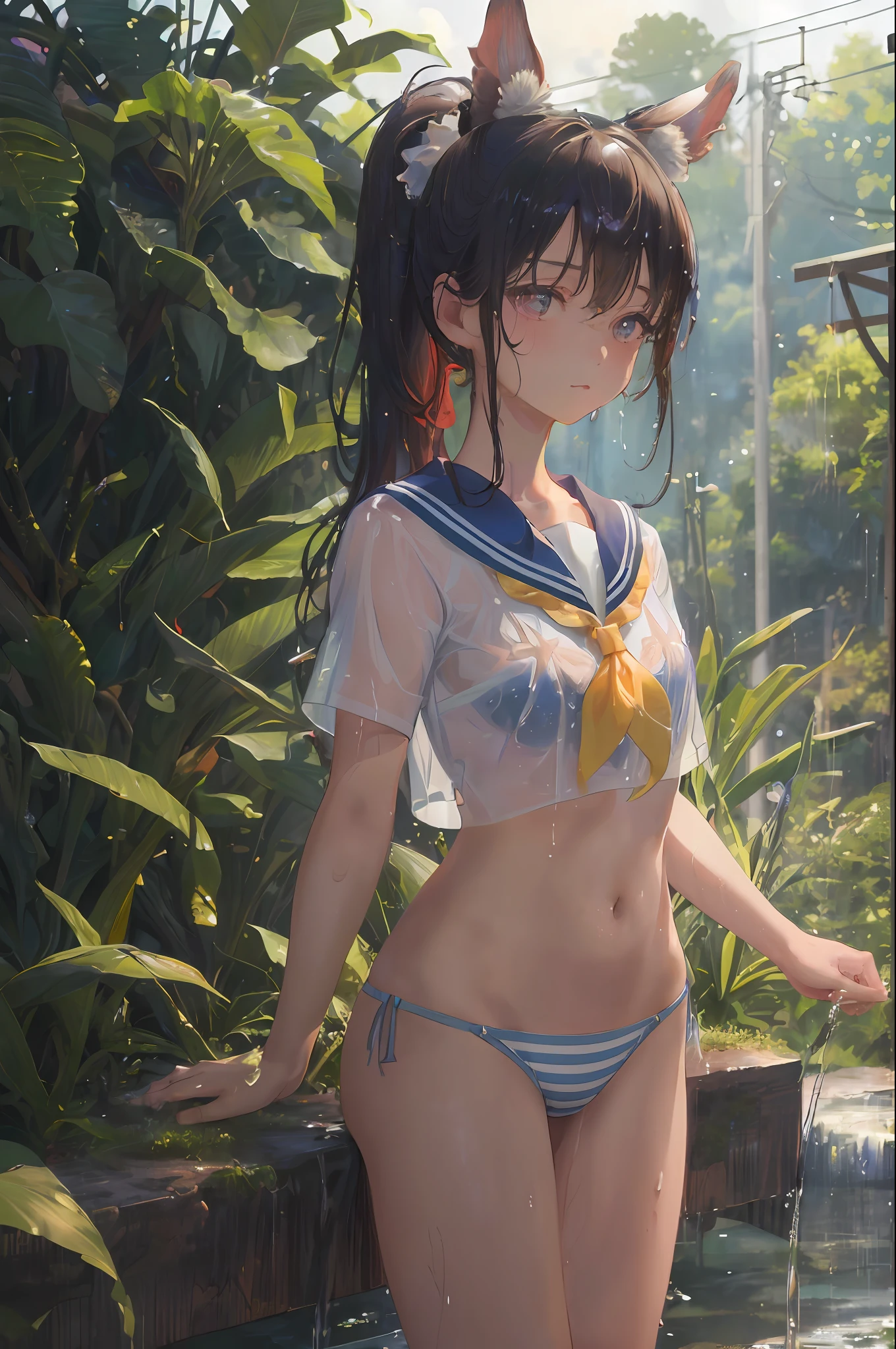 Cornflower art, dreamy, (masterpiece, top quality, perfect anatomy, beautiful face, realistic, super detailed, 1 girl, 18 ears senile, solo, depth of field, canon 24mm lens, f1.4, cute_girl, sailor_ collar, clear facial features, short sleeves, small breasts, slender stature, height 170, barefoot, double ponytail, bangs, gravure pose, outdoor, jungle, Blurred background, (Uwabaki: 1.1576)) Drenched all over, clear liquid dripping from the crotch, the front of the shirt is exposed, the breasts are visible, transparent bra, light blue striped buns,