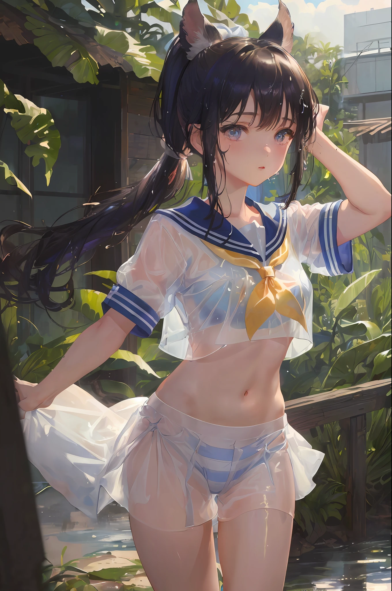 Cornflower art, dreamy, (masterpiece, top quality, perfect anatomy, beautiful face, realistic, super detailed, 1 girl, 18 ears senile, solo, depth of field, canon 24mm lens, f1.4, cute_girl, sailor_ collar, clear facial features, short sleeves, small , slender stature, height 170, barefoot, double ponytail, bangs, gravure pose, outdoor, jungle, Blurred background, (Uwabaki: 1.1576)) Drenched all over, clear liquid dripping from the crotch, the front of the shirt is exposed, the breastssible, transparent bra, light blue striped buns,