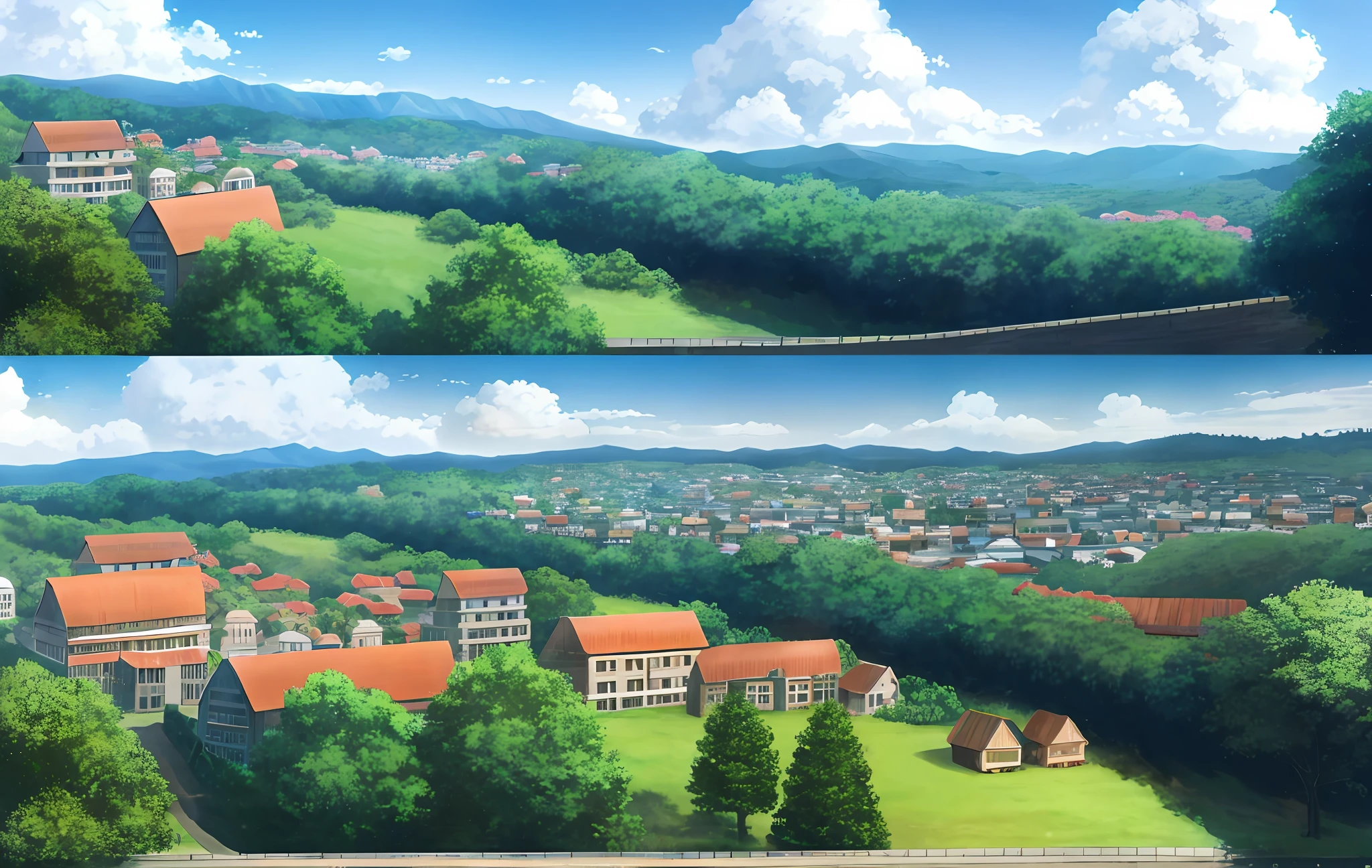 landscape, forest, village, well, sky, clouds