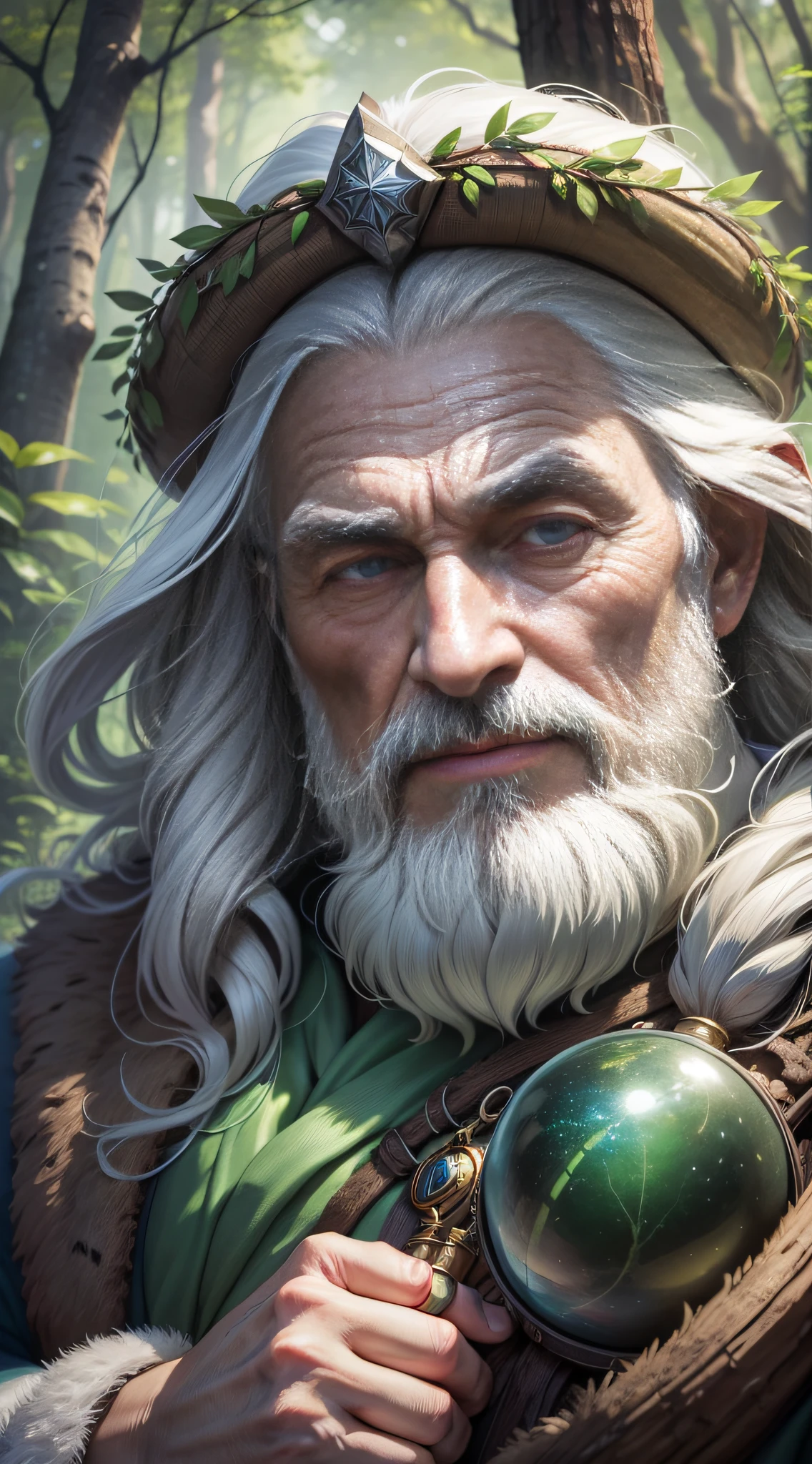 In the heart of the forest, they met Aerendyl, the wise elderly druid. He was in tune with nature, with long silver beards and eyes bright as stars, high detail, Conceptual art, Hasselblad, Ultra-Wide Angle, panorama, UHD, masterpiece, textured skin, anatomically correct, high quality, best quality, 1080P, 8k