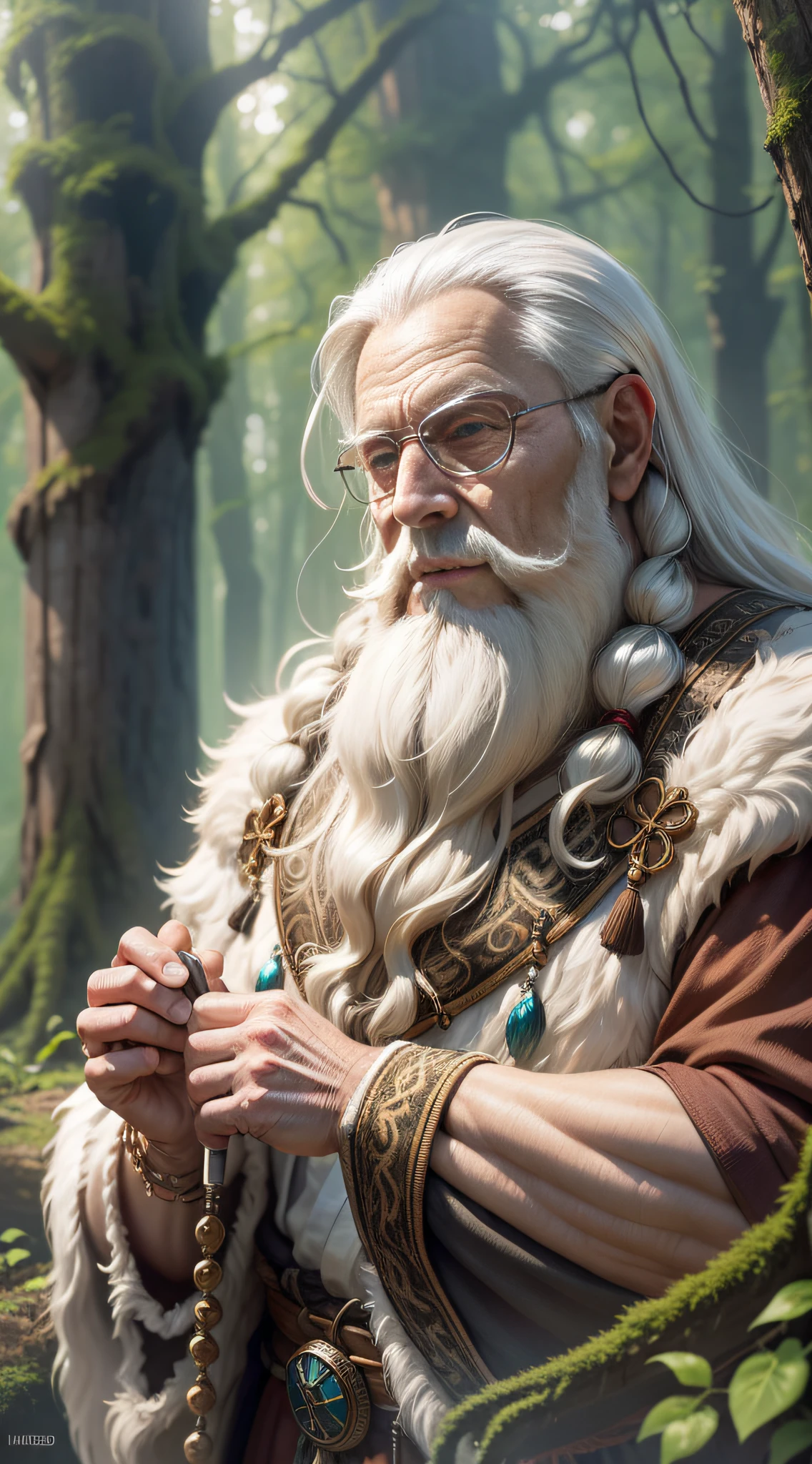 In the heart of the forest, they met Aerendyl, the wise elderly druid. He was in tune with nature, with long silver beards and eyes bright as stars, high detail, Conceptual art, Hasselblad, Ultra-Wide Angle, panorama, UHD, masterpiece, textured skin, anatomically correct, high quality, best quality, 1080P, 8k