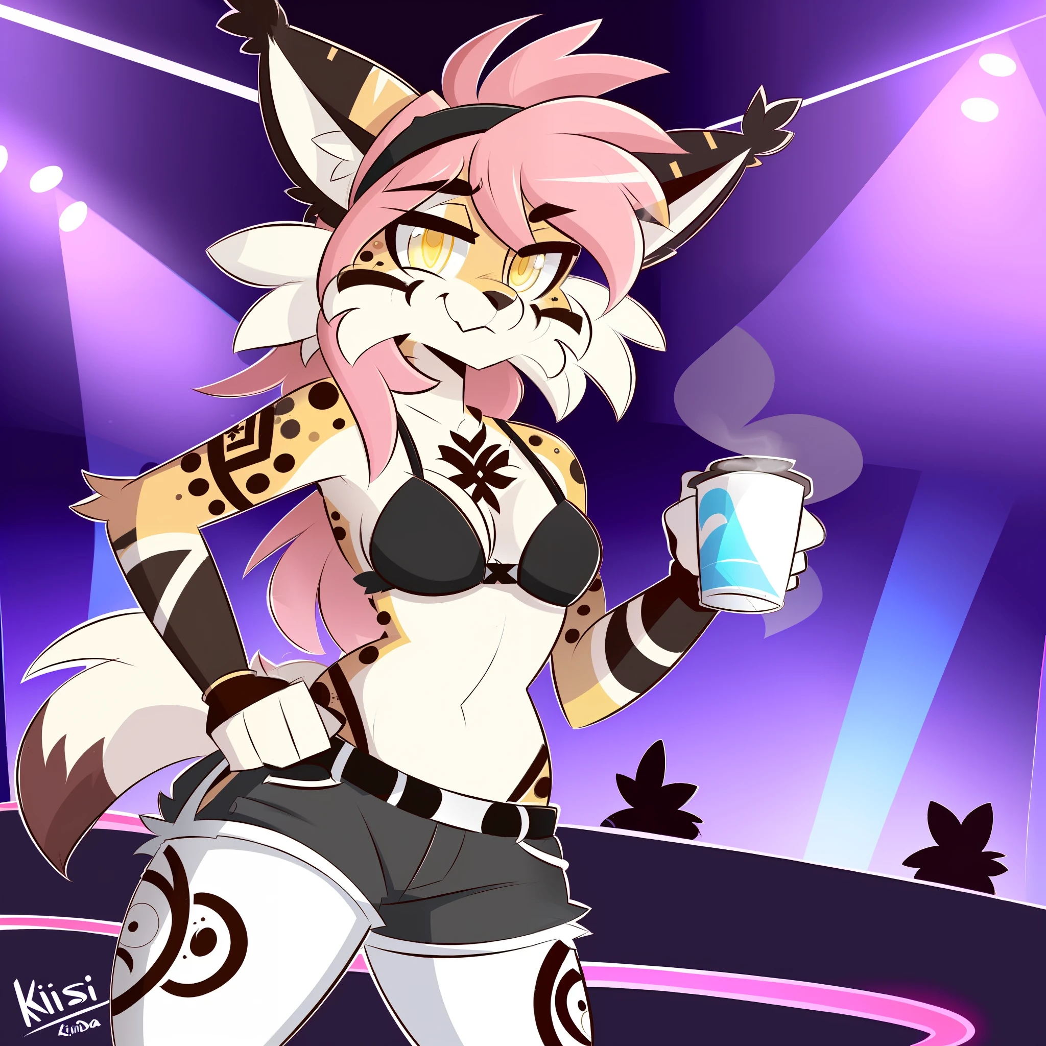 By Kilinah, (Coffeesoda:1.1), Hioshiru, Kilinah, Furry, Lynx, Anthro, Female, Solo, Native Tattoos, Red Headband, Pink Hair, Yellow Eyes, Nightclub, Black Bikini , Tight White Shorts