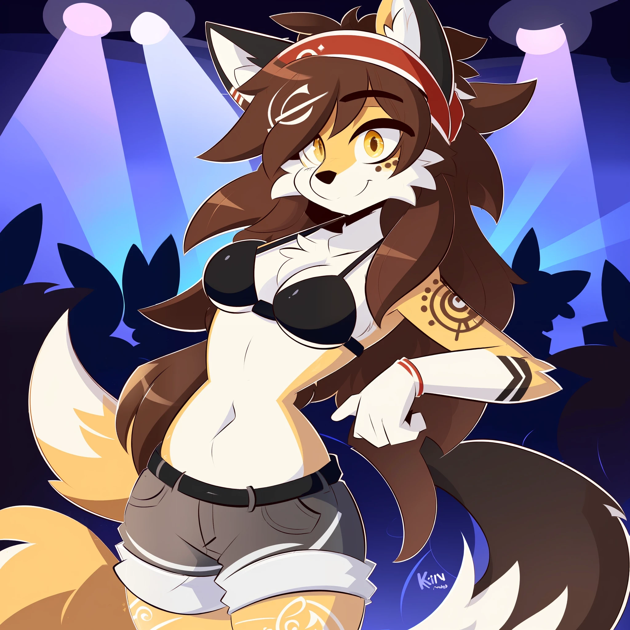 By Kilinah, (Coffeesoda:1.1), Hioshiru, Kilinah, Furry, Fox, Anthro, Female, Solo, Native Tattoos, Red Headband, Brown Hair, Yellow Eyes, Nightclub, Black Bikini, Tight White Shorts