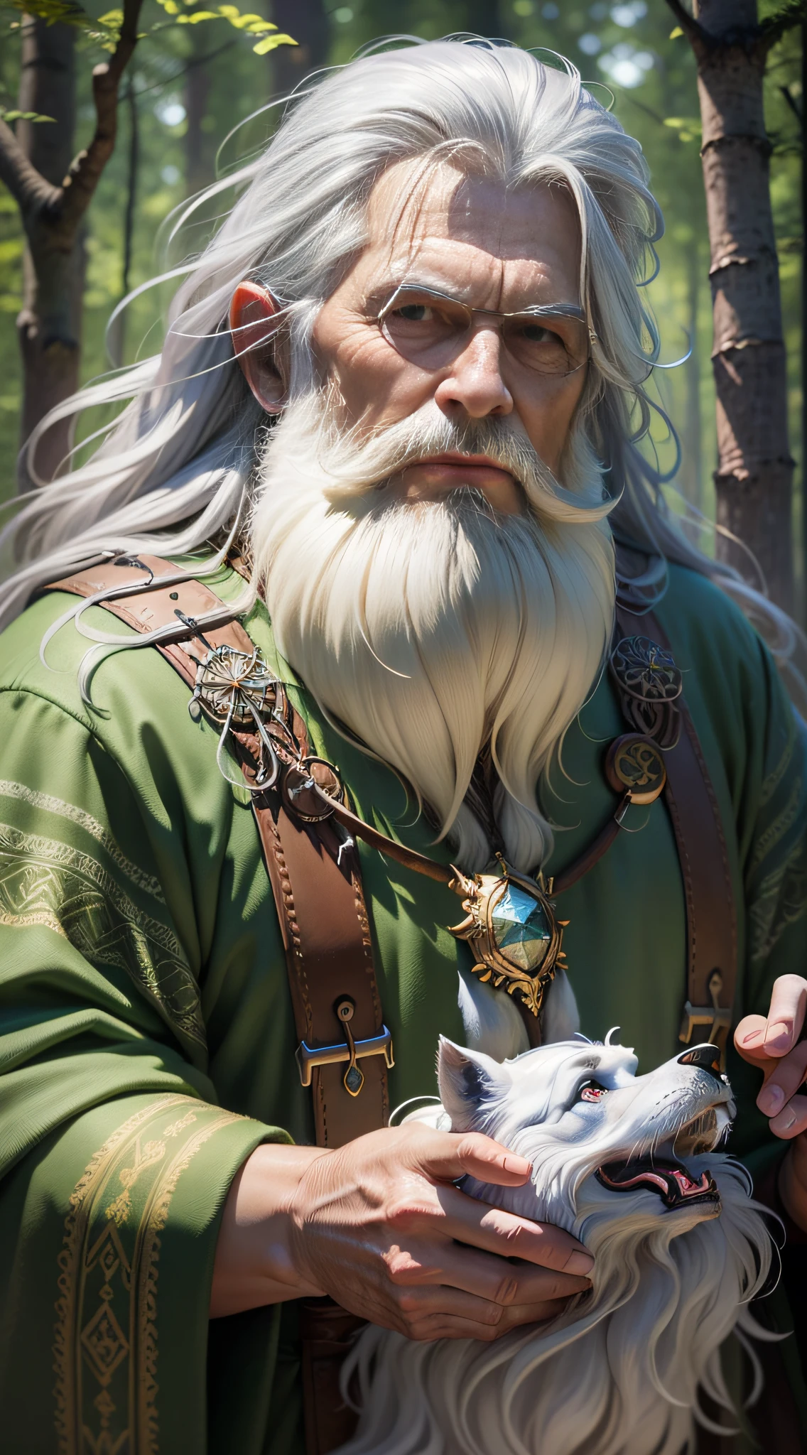 In the heart of the forest, they met Aerendyl, the wise elderly druid. He was in tune with nature, with long silver beards and eyes bright as stars, high detail, Conceptual art, Hasselblad, Ultra-Wide Angle, panorama, UHD, masterpiece, textured skin, anatomically correct, high quality, best quality, 1080P, 8k