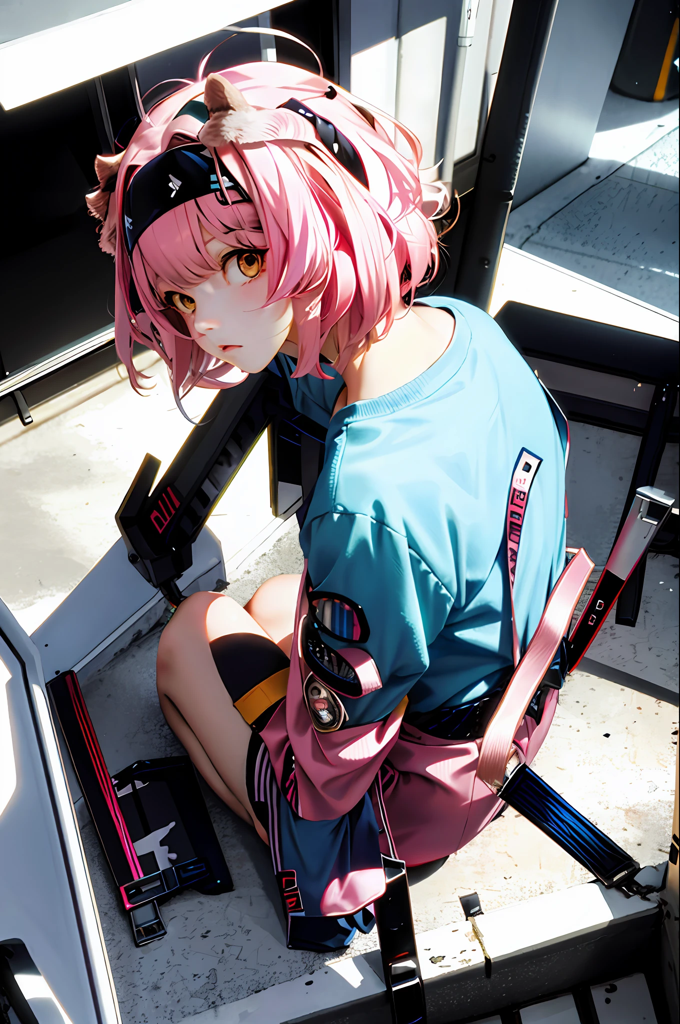Gundam style, giant robot, cat-eared headband, female mechanic, cute apron, cute girl, cute work clothes, hairstyle bob, hair unkempt, pink inner color, real,