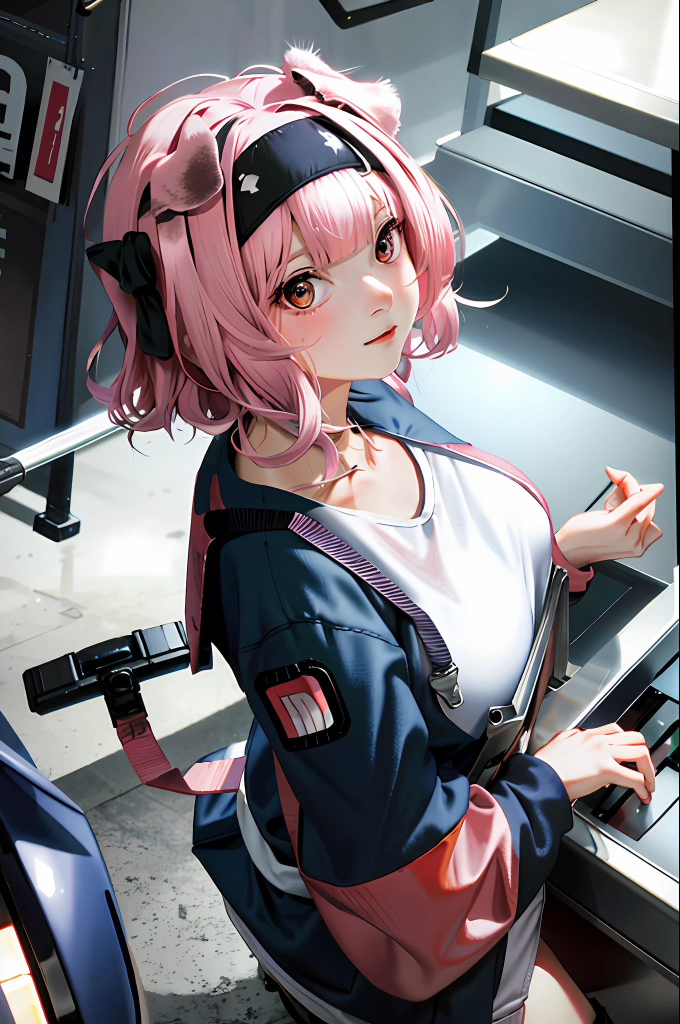 Gundam style, giant robot, cat-eared headband, female mechanic, cute apron, cute girl, cute work clothes, hairstyle bob, hair unkempt, pink inner color, real,