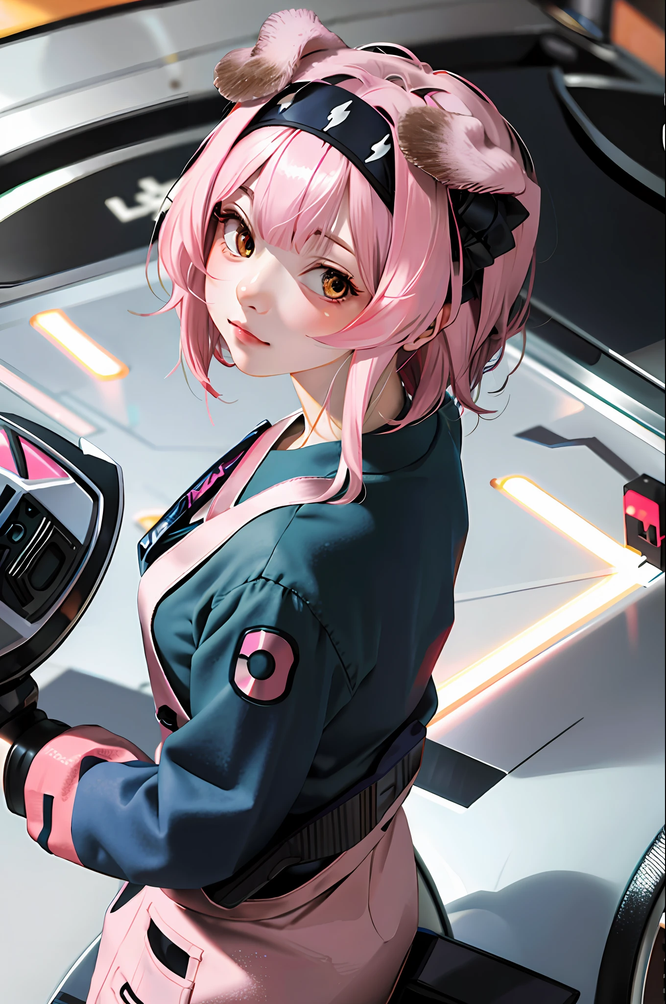 Gundam style, giant robot, cat-eared headband, female mechanic, cute apron, cute girl, cute work clothes, hairstyle bob, hair unkempt, pink inner color, real,