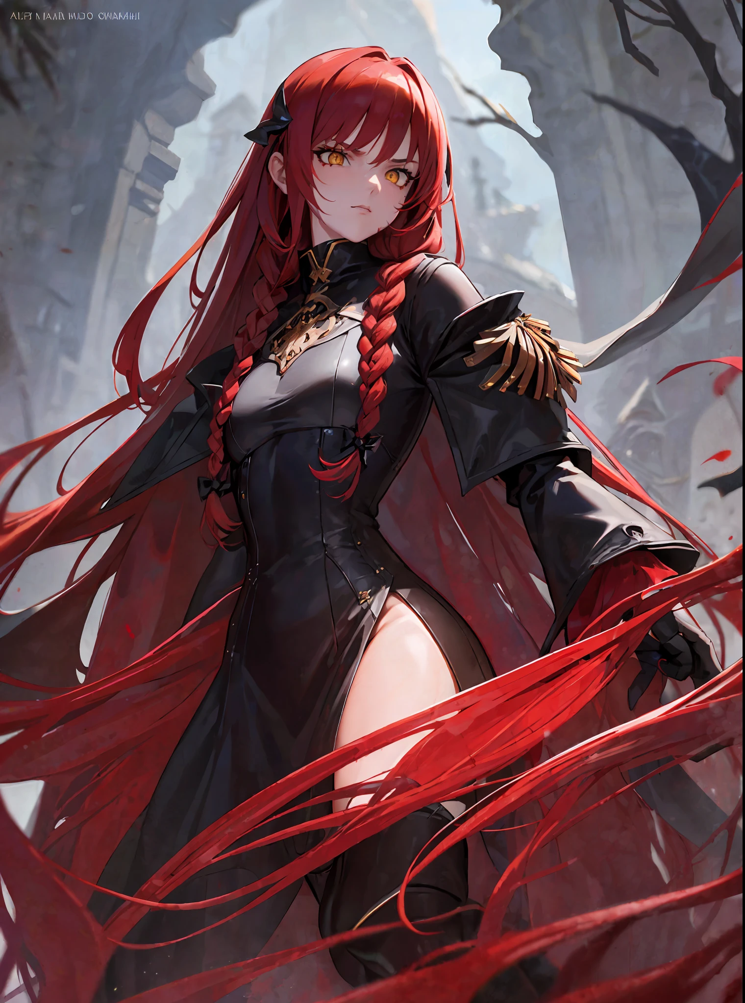 (masterpiece, best quality) an adult woman with very long red hair, short dress, red leather, black bows, long stockings, bare legs, bodysuit, queen, lake, braids, good anatomy, correct proportions, black boots, torn clothes, queen, yellow eyes, serious, blood, emotionless, red forest, straight bangs, very long red hair, evil, (yellow eyes), gothic, medium chest, face only portrait, Chest to Head Show, Cinematics, Color Oil Painting, Solo, Cinematic Lighting, Extremely Detailed Face, Finely Detailed Face, Beautiful Face, Beautiful Eyes, Perfect Lighting, Depth of Field, Realistic Proportions, Good Anatomy, Long Coat, Head Covering Hood