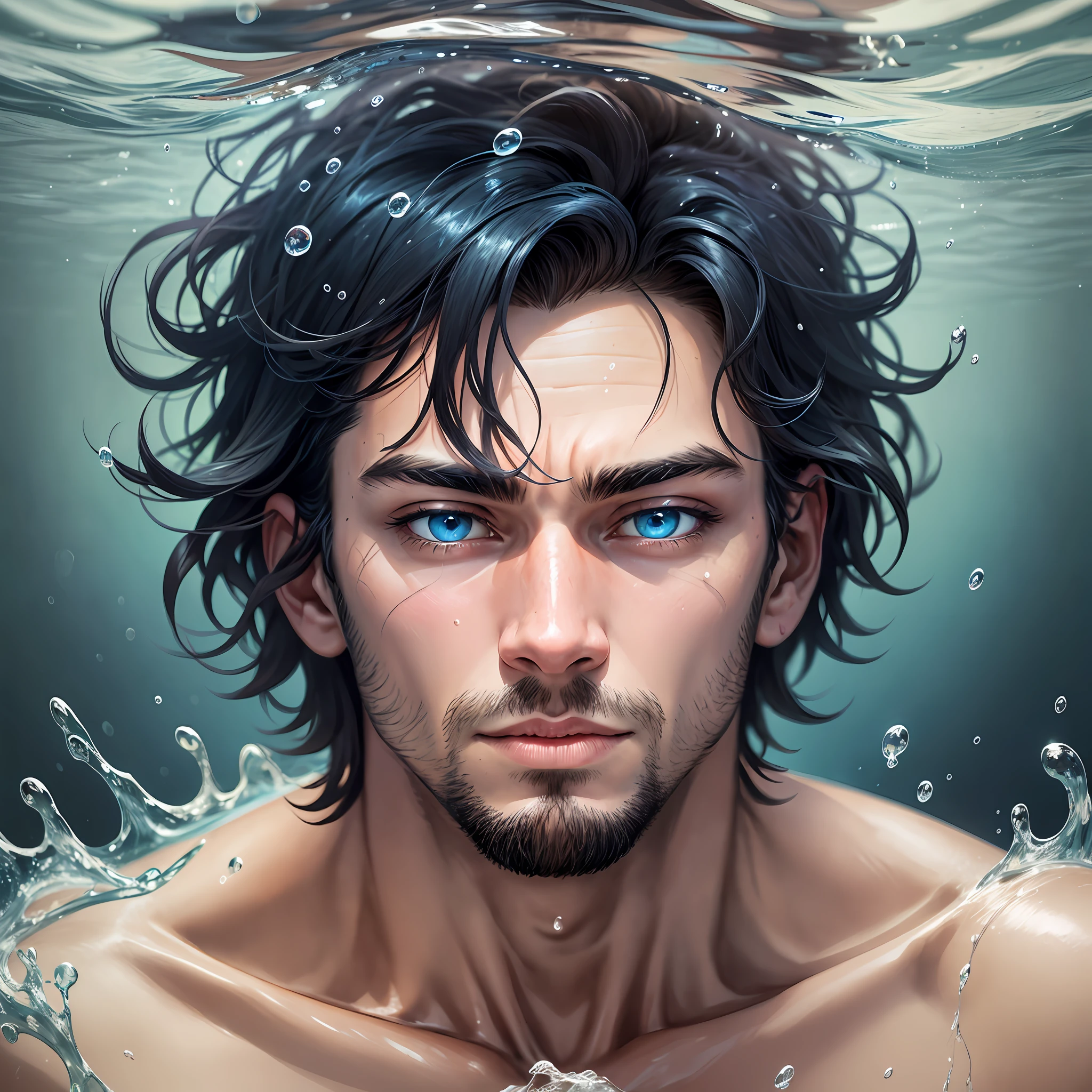 "Please draw a man swimming under the sea with facial expressions of pleasure and nervousness. His eyes looked ahead, his expression a little between nervousness and pleasure. His body may be a little uncertain, and the expression on his face is a balance between pleasure and tension underwater. " --auto --s2