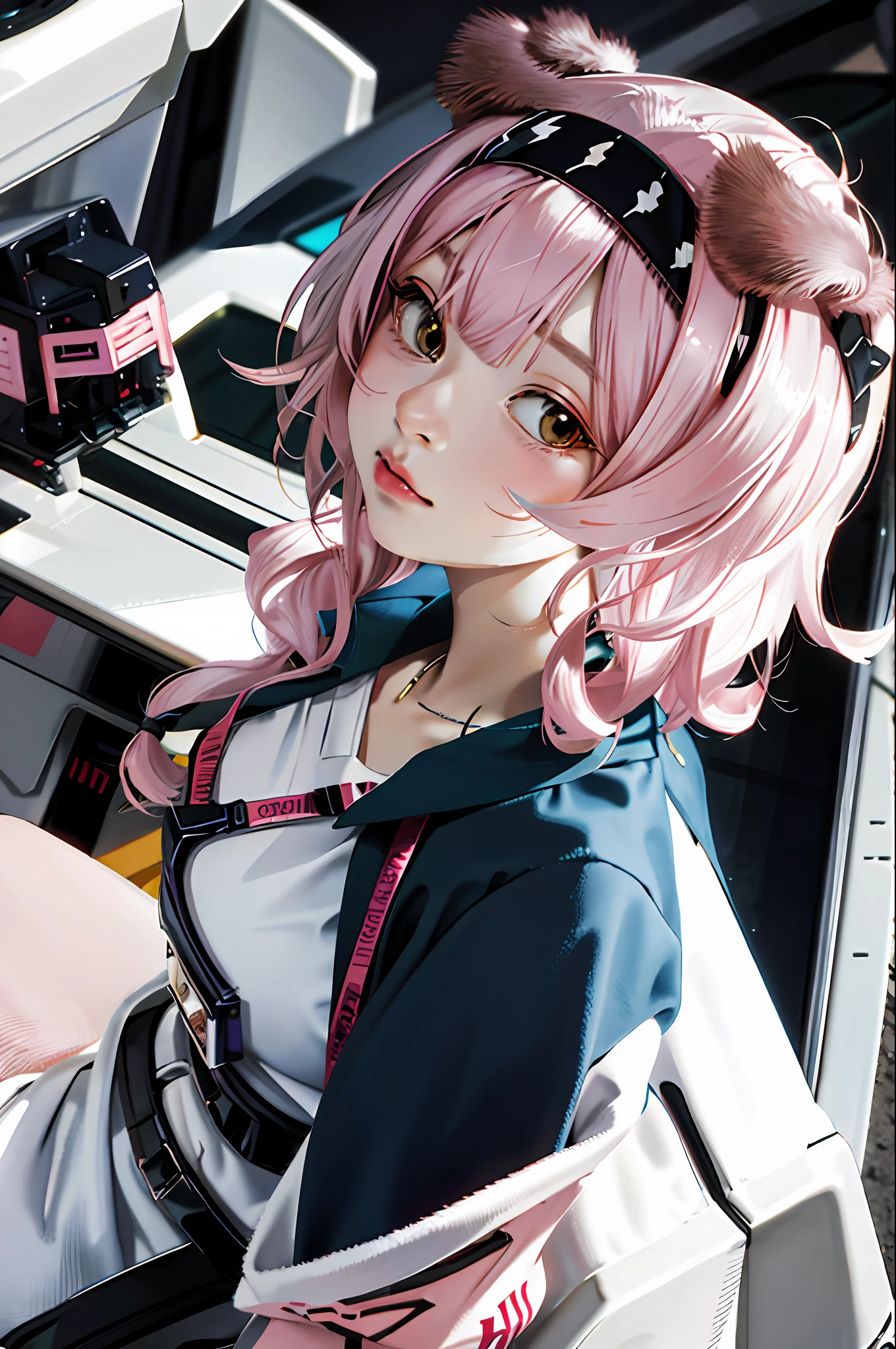 Gundam style, giant robot, cat-eared headband, female mechanic, cute apron, cute girl, cute work clothes, hairstyle bob, hair unkempt, pink inner color, real,