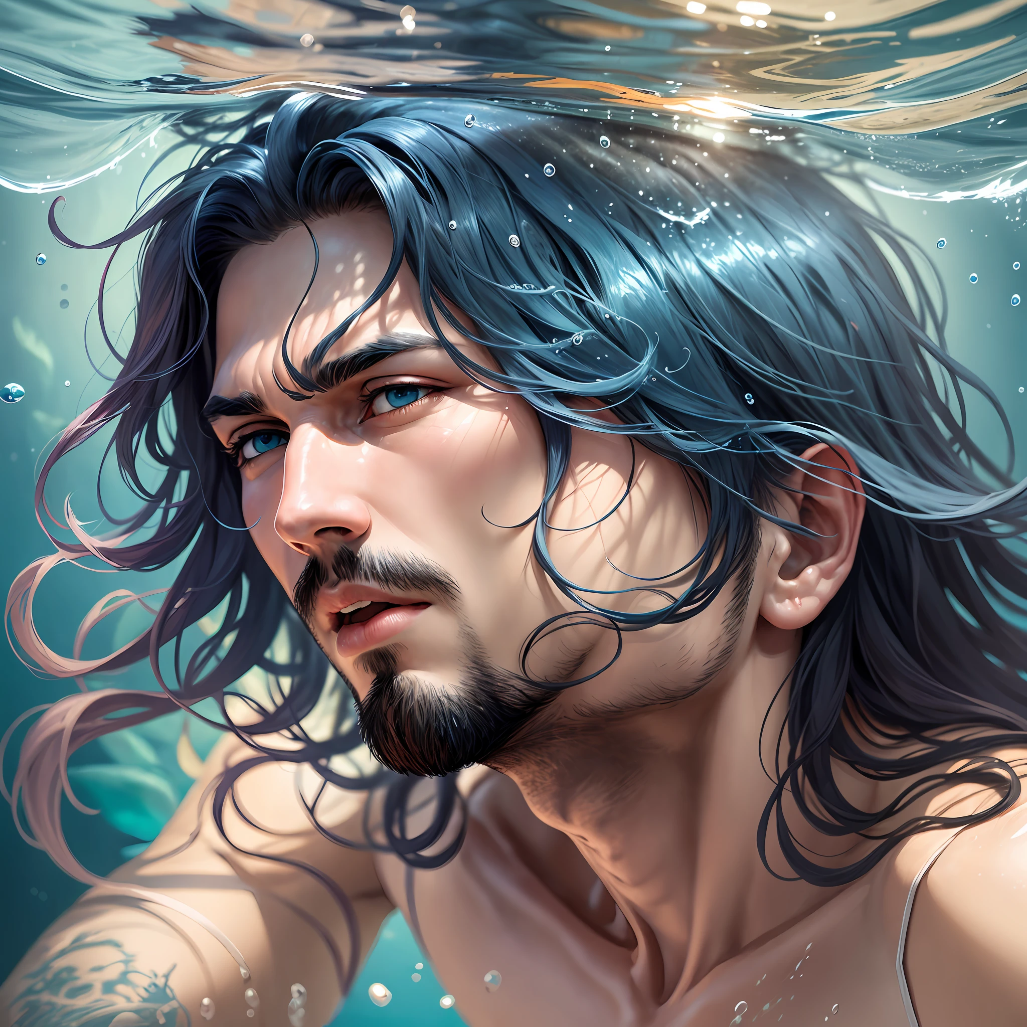 "Please draw a man swimming under the sea with facial expressions of pleasure and nervousness. His eyes looked ahead, his expression a little between nervousness and pleasure. His body may be a little uncertain, and the expression on his face is a balance between pleasure and tension underwater. " --auto --s2
