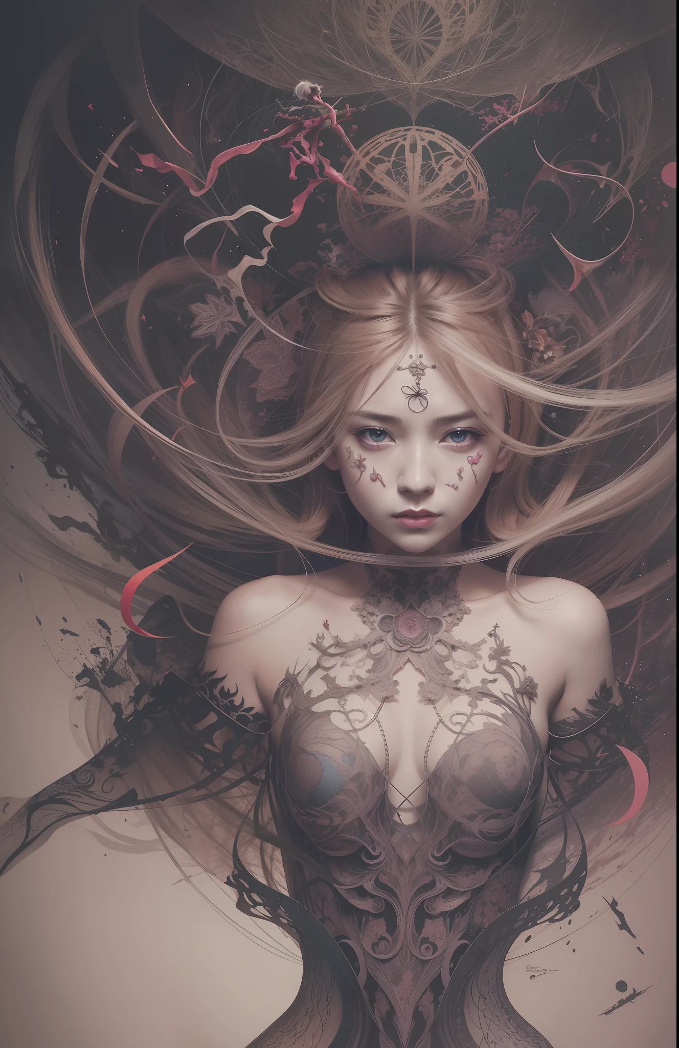 official art, unity 8k wallpaper, ultra detailed, beautiful and aesthetic, masterpiece, best quality, (zentangle, mandala, tangle, entangle), (fractal art:1.3) , 1girl, extremely detailed, dynamic angle, cowboyshot, the most beautiful form of chaos, elegant, a brutalist designed, vivid colours, romanticism, by james jean, roby dwi antono, ross tran, francis bacon, michal mraz, adrian ghenie, petra cortright, gerhard richter, takato yamamoto, ashley wood, atmospheric, ecstasy of musical notes, streaming musical notes visible