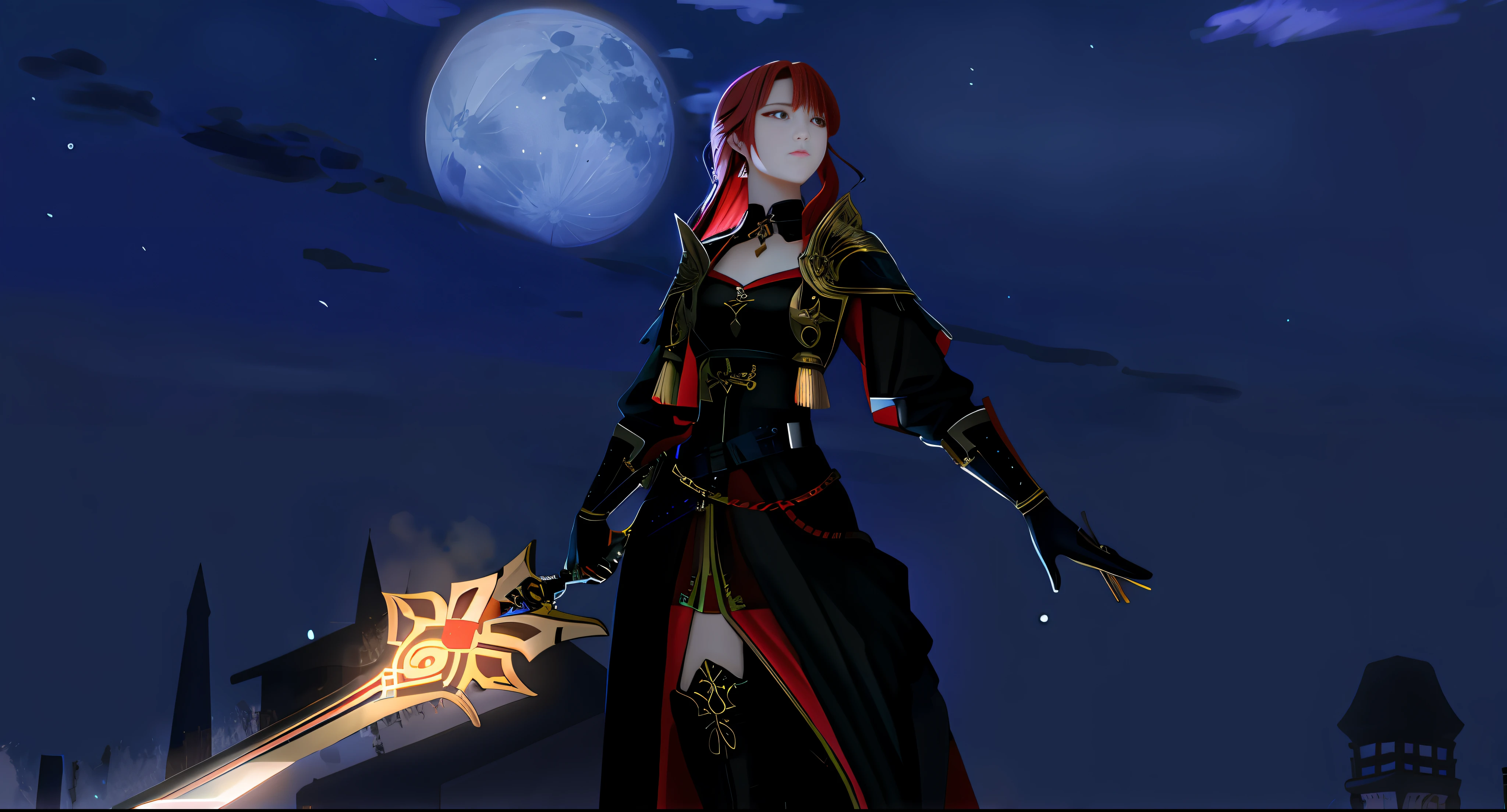 Red-haired girl holding a sword, face well detailed, dusk with moon well detailed.