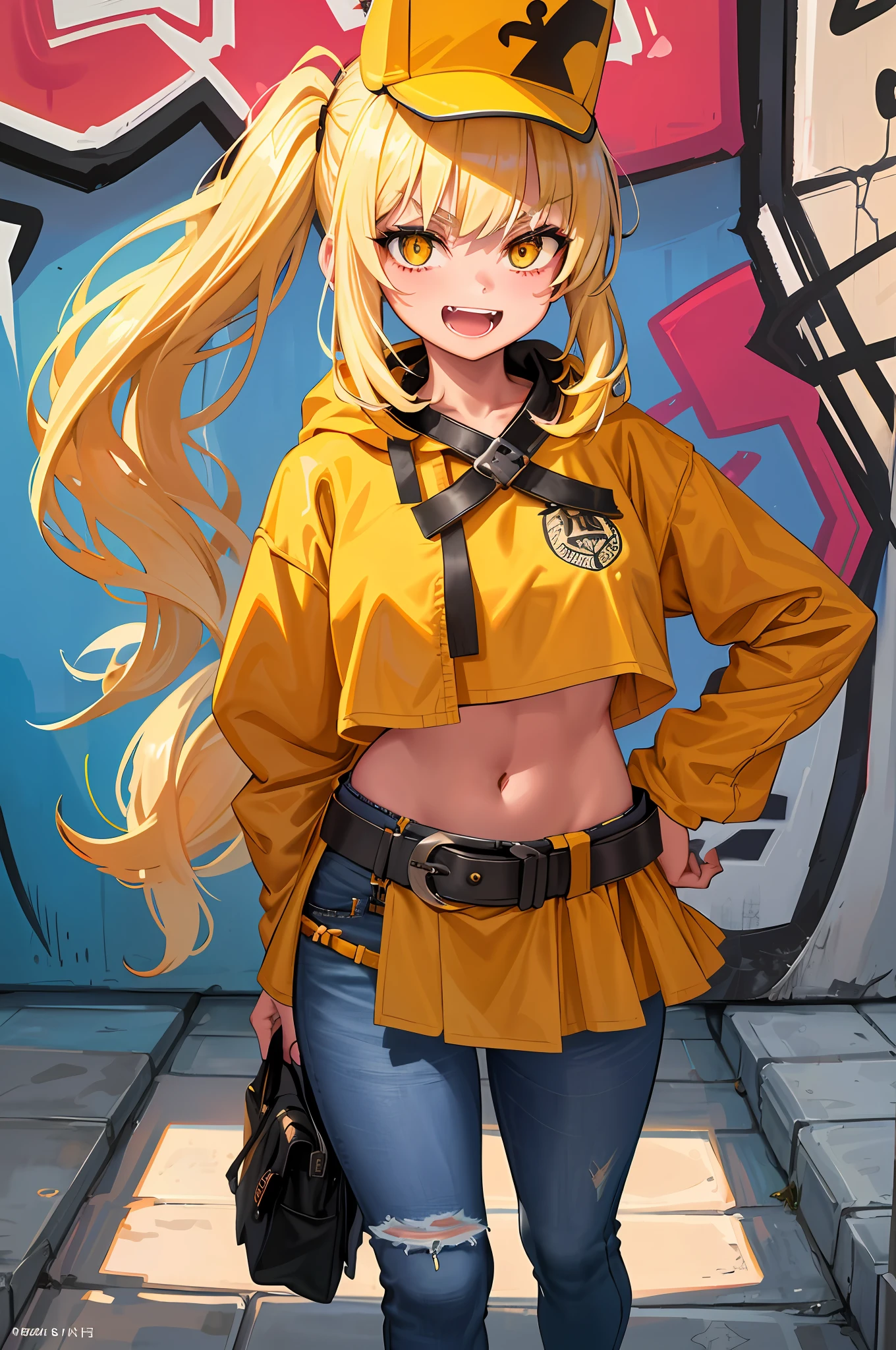 Original Character, Volumetric Lighting, Best Shadows, Shallow Depth of Field, Portrait Of Stunningly Beautiful Girl, Petite, Delicate Beautiful Attractive Face With Alluring Yellow Eyes, Messy Painted Face, Sharp Eyebrows, Broadly Smiling, Open Mouth, Fangs Out, Lovely Medium Breasts, Layered Long Twintail Blond Hair, Blush Eyeshadow, Thick Eyelashes, Applejack Hat, Oversized Pop Jacket, Mini Underboob Tee, Open Navel, Slim Waist, Denim Jeans Pants, With Buckle Belt, In The Graffiti Alley, Waste Container, Outside Stairs, Outdoor Unit, Holding Spray Paint Can, Standing, (Highest Quality, Amazing Details:1.25), (Solo:1.3), Brilliant Colorful Paintings