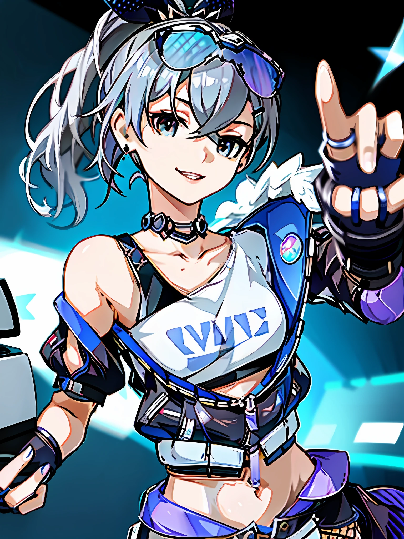 best quality ,masterpiece, illustration, an extremely delicate and beautiful, extremely detailed ,CG ,unity ,8k wallpaper, Amazing, finely detail, masterpiece,best quality,official art,extremely detailed CG unity 8k wallpaper,absurdres, incredibly absurdres, ultra-detailed, highres, extremely detailed,beautiful detailed girl, extremely detailed eyes and face, beautiful detailed eyes,light on face,chibi,
1girl,bronya zaychik,bronya,silver_wolf,grey hair,ponytail,grey eyes,small_breasts,shorts,shot_jacket,belt,earrings,hairclip,
looking at viewer,garters,choker,(navel:1.1),collarbone,sweat,  has a computer, she is using the computer to hack, smug smile.