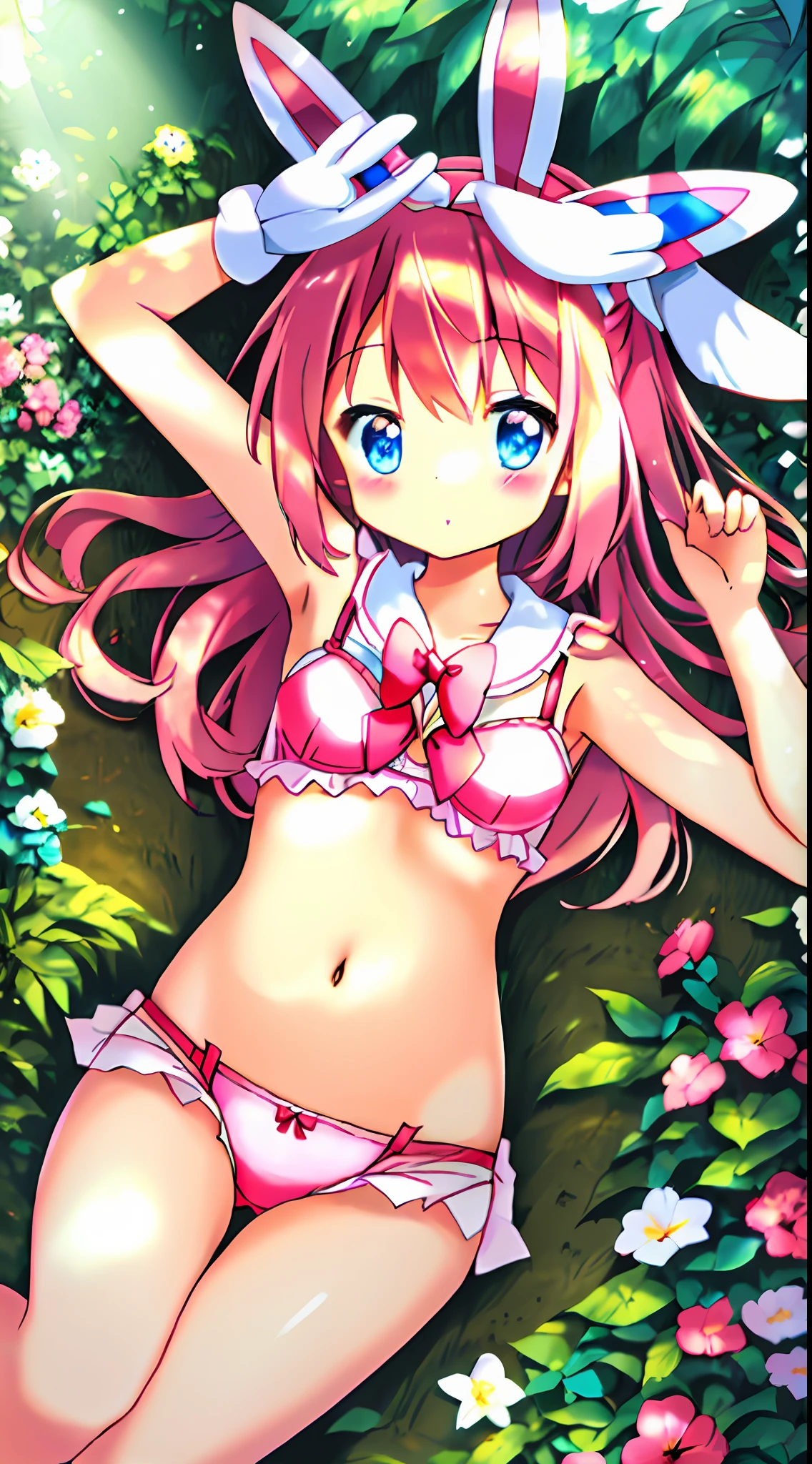 ((kawaii, cute), solo, sfw, Sylveon bra, panties), garden:1.6, sexy pose