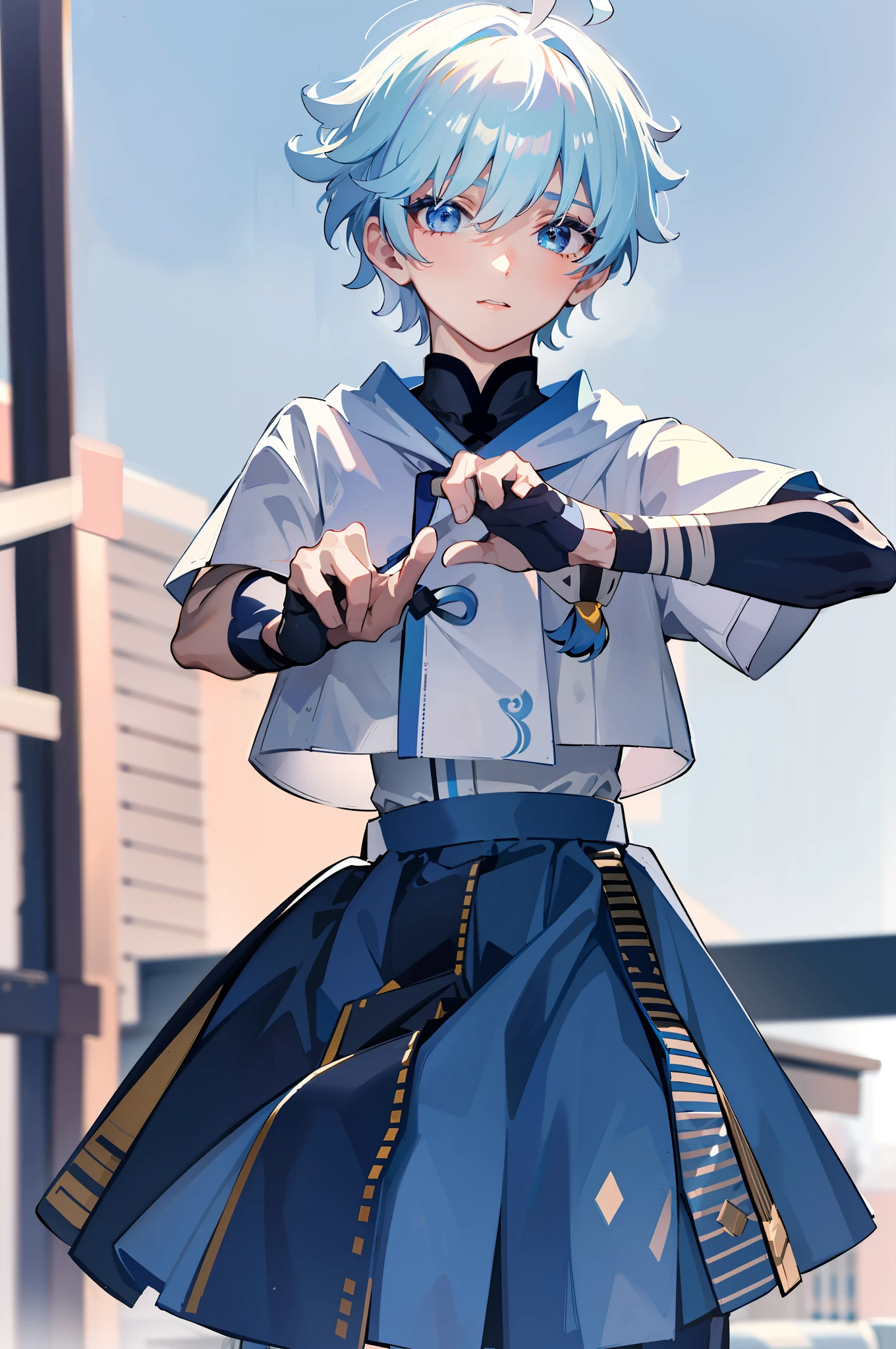 ((Masterpiece)), ((Best Quality)), Absurdres, 1boy, Squat Cowboy Pose, POV, School Uniform, (Classroom:1.1)(8k, RAW photo, best quality, masterpiece:1.3),(realistic,photo-realistic:1.37),(night),(looking at viewer:1.331),(white hair),posing, soft light,1boy, extremely beautiful face,bust,Random expression,big eyes, ,lower abdomen,(short-sleeved JK_shirt:1.3),JK_style,(JK_skirt:1.3) ,(bow JK_tie),mix4, School Uniform: 1.5), chongyun_(genshin impact),light blue hair,cute face,upper body,chongyun (genshin impact), 1boy, mature male, solo, blue eyes, blue hair, gloves, ahoge, close up,