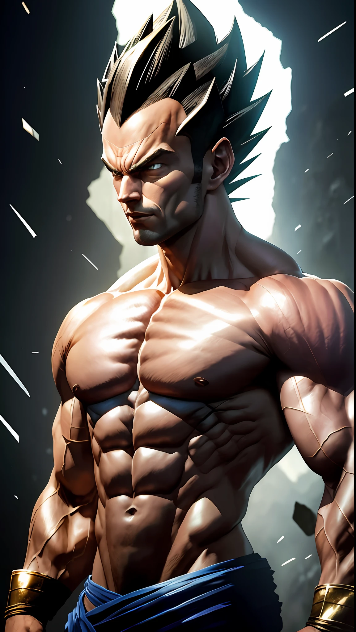 8k portrait of vegeta muscular, intricate, elegant, highly detailed,full body, majestic, digital photography, art by artgerm and ruan jia and greg rutkowski, black hair, beardless face, broken glass (masterpiece, side lighting, beautiful finely detailed eyes: 1.2 ), hdr,