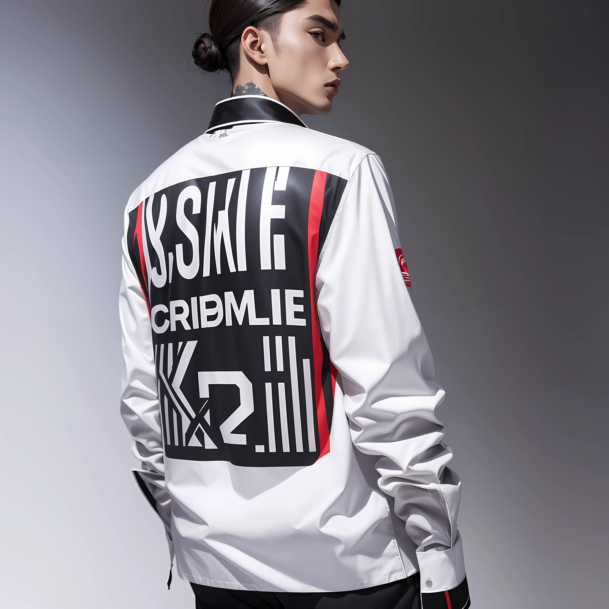 Create Supreme style shirt model with the brand VIKTOR KR futuristic shirt model with haute couture fabric with long sleeves and nanas sleeve details like engravings, an art print on the front and the logo on the chest, shirt displayed on a white studio background --auto --s2
