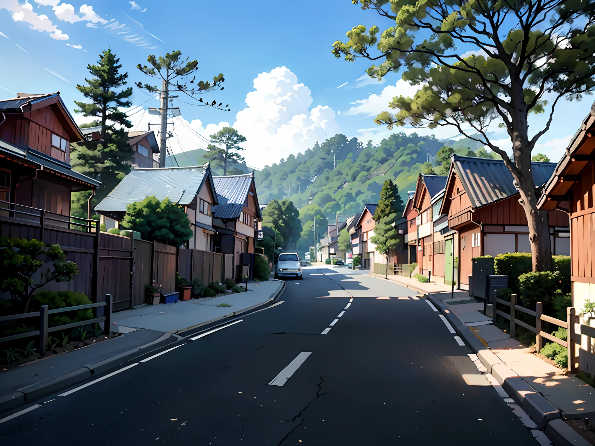 (Japanese town Landscape), (Hayao Miyazaki Style), cartoon, japanese town house, road, bend, small house, tree, pole, white cloud, landscape, outdoor, green trees, epic composition, realistic lighting, high-definition detail, masterpiece, the best quality, (very detailed CG unified 8k wallpaper), --v6