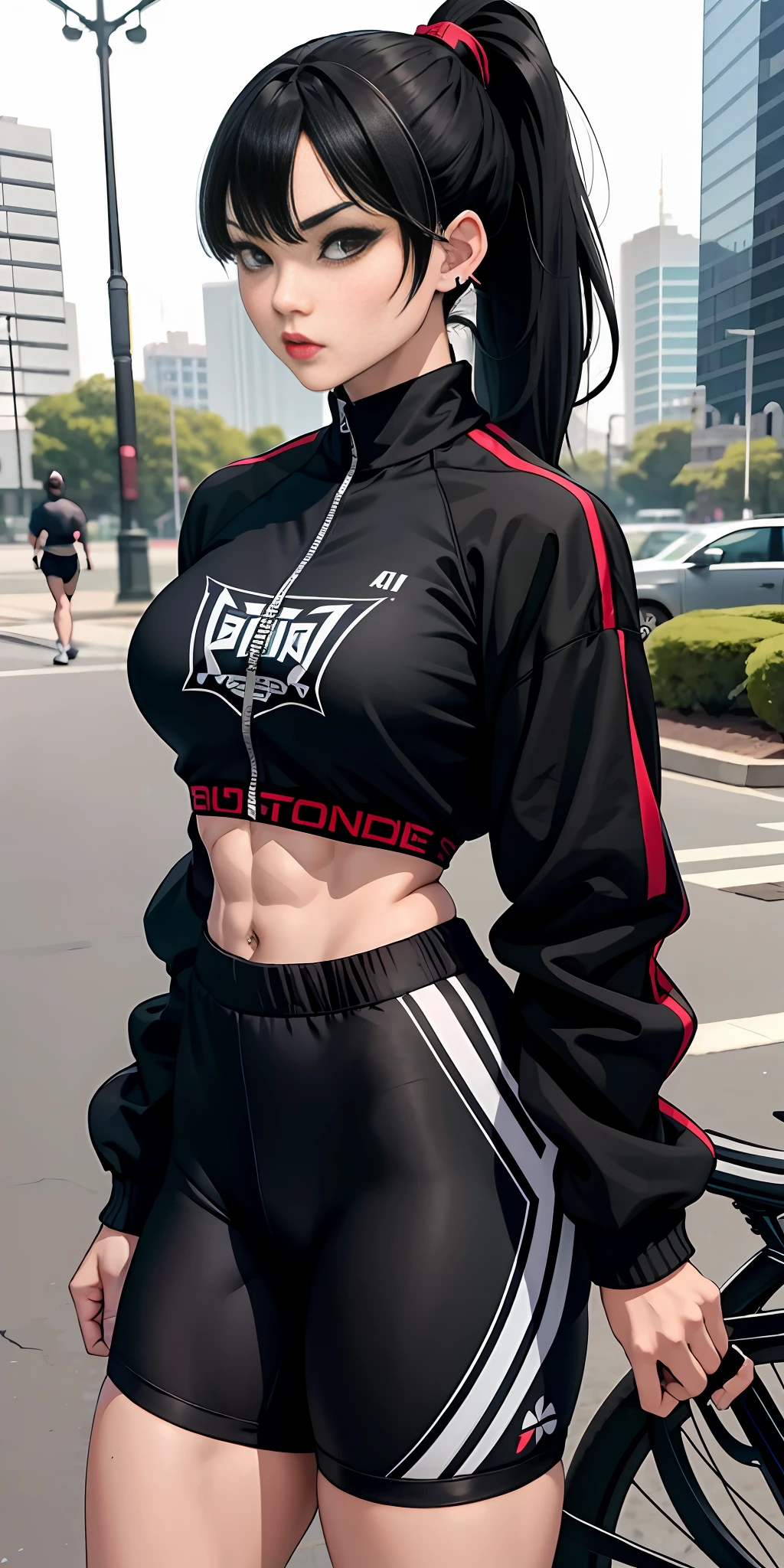 Boy, Asian, , adult, tattoo, lipstick, gothic, girl face, serious face, ,cap, black hair (ponytail with bangs), cap, muscular, cycling shorts, long sleeve sweatshirt jacket, large thighs (park)