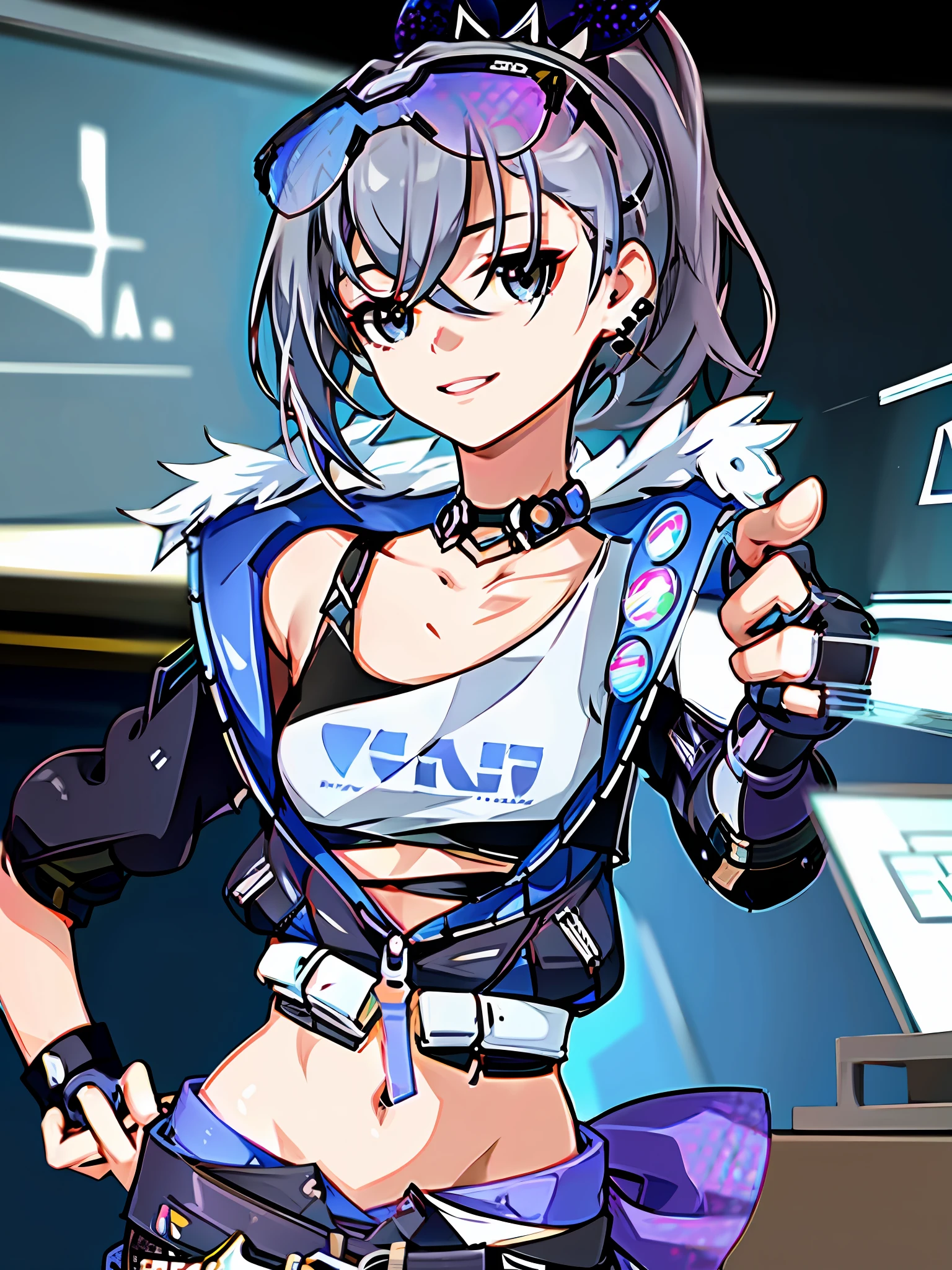 best quality ,masterpiece, illustration, an extremely delicate and beautiful, extremely detailed ,CG ,unity ,8k wallpaper, Amazing, finely detail, masterpiece,best quality,official art,extremely detailed CG unity 8k wallpaper,absurdres, incredibly absurdres, ultra-detailed, highres, extremely detailed,beautiful detailed girl, extremely detailed eyes and face, beautiful detailed eyes,light on face,chibi,
1girl,bronya zaychik,bronya,silver_wolf,grey hair,ponytail,grey eyes,small_breasts,shorts,shot_jacket,belt,earrings,hairclip,
looking at viewer,garters,choker,(navel:1.1),collarbone,sweat, has a computer, she is using the computer to hack, smug smile.