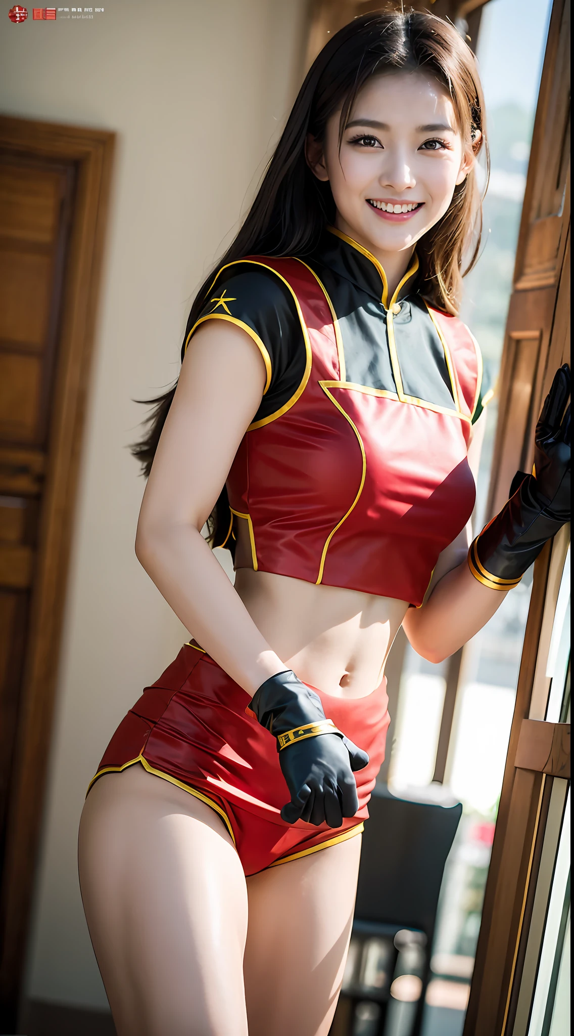 (8k, RAW Photo, Best Quality, Masterpiece: 1.2), (Realistic, Realistic: 1.37), Girl: A confident young girl who looks like a superhero. Her long hair hung over her shoulders and her eyes were filled with youthful energy.
Wearing a Chinese special forces costume: She wears a Chinese special forces costume, and her costume is full of strength and stability. She looks strong and gentle, full of courage and fearlessness.
Pose for a photo: Her hands are raised in the air with a big smile on her face.
Gorgeous cosplay: She wears a beautiful costume that combines Chinese tradition with military style. She looks strong and confident with a proud and determined expression on her face.