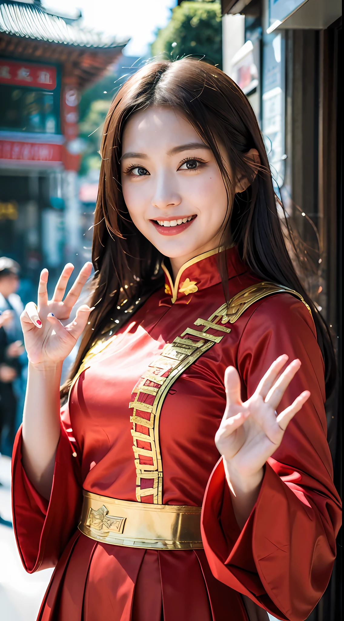 (8k, RAW Photo, Best Quality, Masterpiece: 1.2), (Realistic, Realistic: 1.37), Girl: A confident young girl who looks like a superhero. Her long hair hung over her shoulders and her eyes were filled with youthful energy.
Wearing a Chinese special forces costume: She wears a Chinese special forces costume, and her costume is full of strength and stability. She looks strong and gentle, full of courage and fearlessness.
Pose for a photo: Her hands are raised in the air with a big smile on her face.
Gorgeous cosplay: She wears a beautiful costume that combines Chinese tradition with military style. She looks strong and confident with a proud and determined expression on her face.