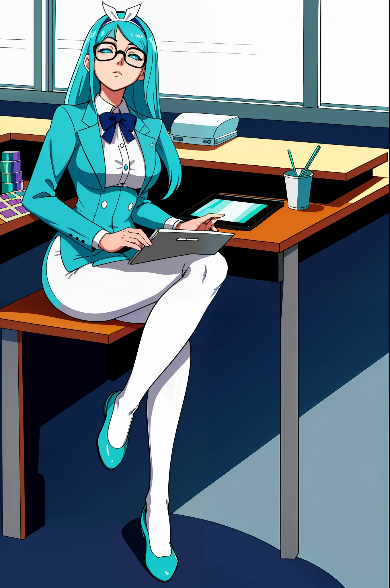 [minus8 Pacman ghost; Inky], [(Uploaded to danbooru.donmai.us; (rakeemspoon), (Brekkist), (casino_(casinoep)], ((raytracing)), (render art masterpiece)), ((High definition)), ((detailed shading)), ((beautiful solo portrait)), ((full body)), {attractive woman, calm demeanor, (simple long straight cyan hair; white headband), (blue eyes; white sclera), (expressionless; half closed eyes), slim square glasses, cyan short bodycon dress, pale blue blazer jacket, blue pantyhose, cyan blue loafers}, ((sitting on desk; legs crossed), holding 1 tablet in both hands, looking up, attractive pose), [Background; (office setting; office desk, flower base on desk, office chair), (window; blinds, sun rays through blinds)]
