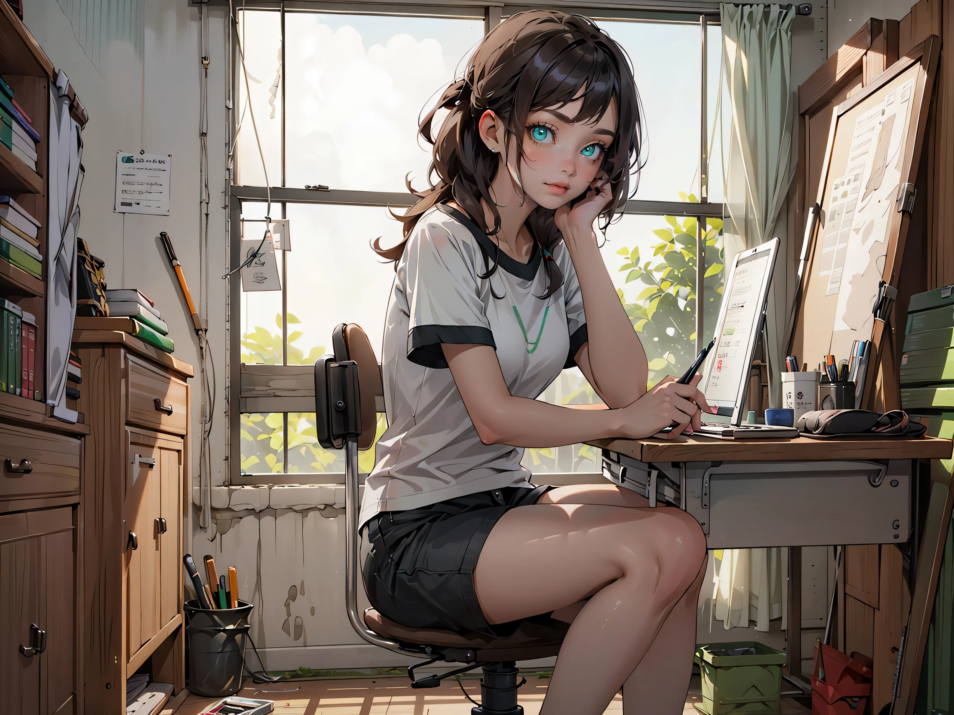 ((1girl,solo))absurdres, highres, ultra detailed, (1girl:1.3), (disheveled hair,beautiful detailed eyes,shiny oily skin:1.1),(green eyes)
study room
Quiet music is playing in a dark room
various writing tools and electronic devices
Wearing shorts and a t-shirt
desk and a chair
girl is studying