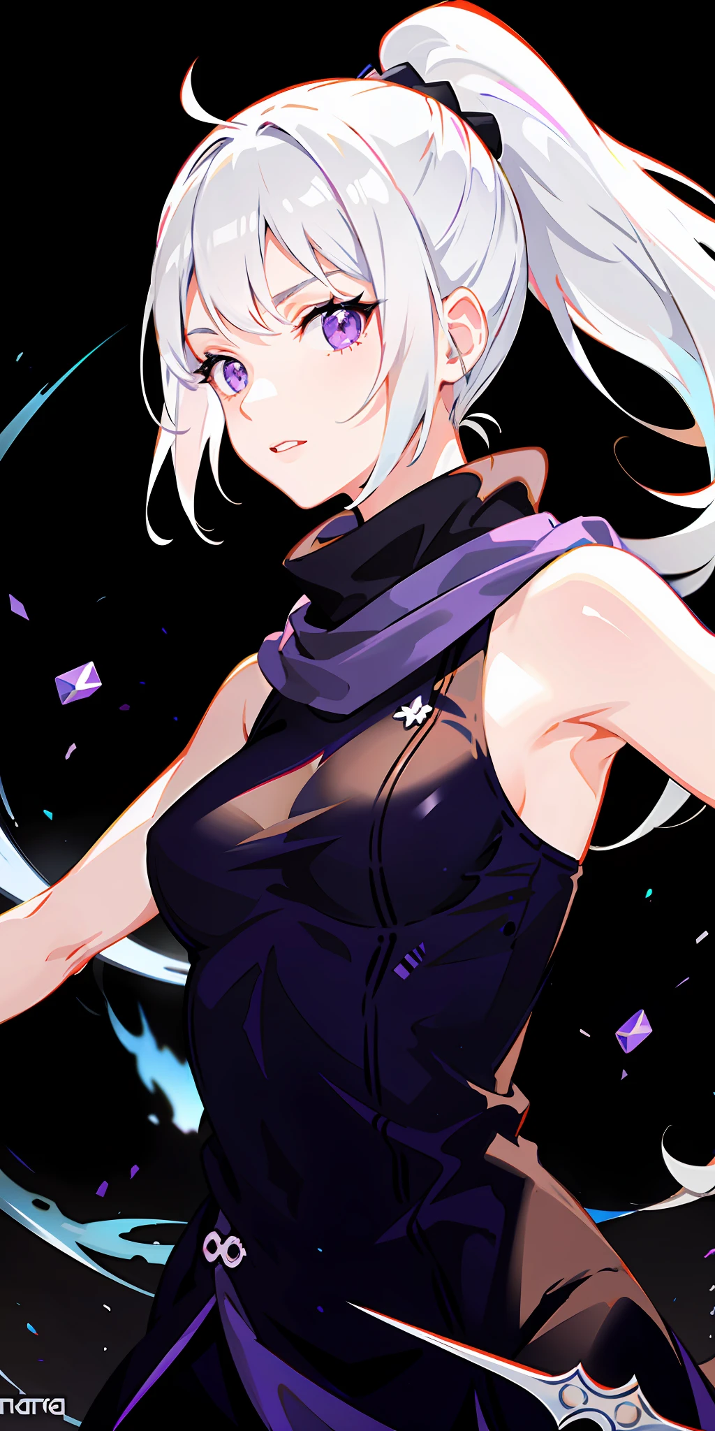 upper body, 1girl, white hair, ponytail, purple eyes, (ninja), short sword, medium breats ,scarf, wallpaper, magic circle background, light particles, blue fire,