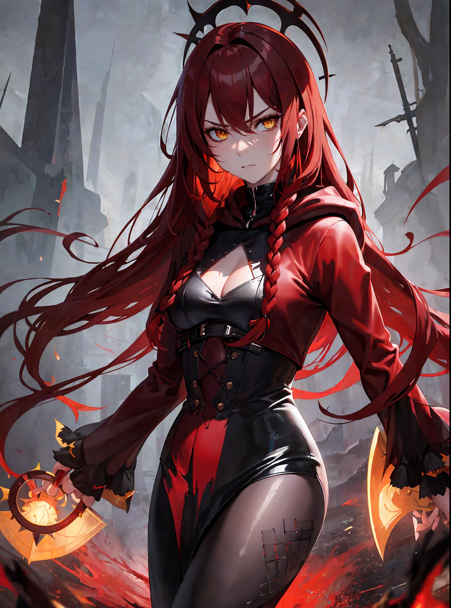 (masterpiece, best quality) an adult woman with very long red hair, short dress, red leather, black bows, long stockings, bare legs, bodysuit, queen, lake, braids, good anatomy, correct proportions, black boots, torn clothes, queen, yellow eyes, serious, blood, emotionless, red forest, straight bangs, very long red hair, evil, (yellow eyes), gothic, medium chest, face only portrait, blood weapons, blood spikes, chest to head show, cinematics, color oil painting, solo, cinematic lighting, extremely detailed face, finely detailed face, beautiful face, beautiful eyes, perfect lighting, depth of field, realistic proportions, good anatomy, long coat, hood covering head