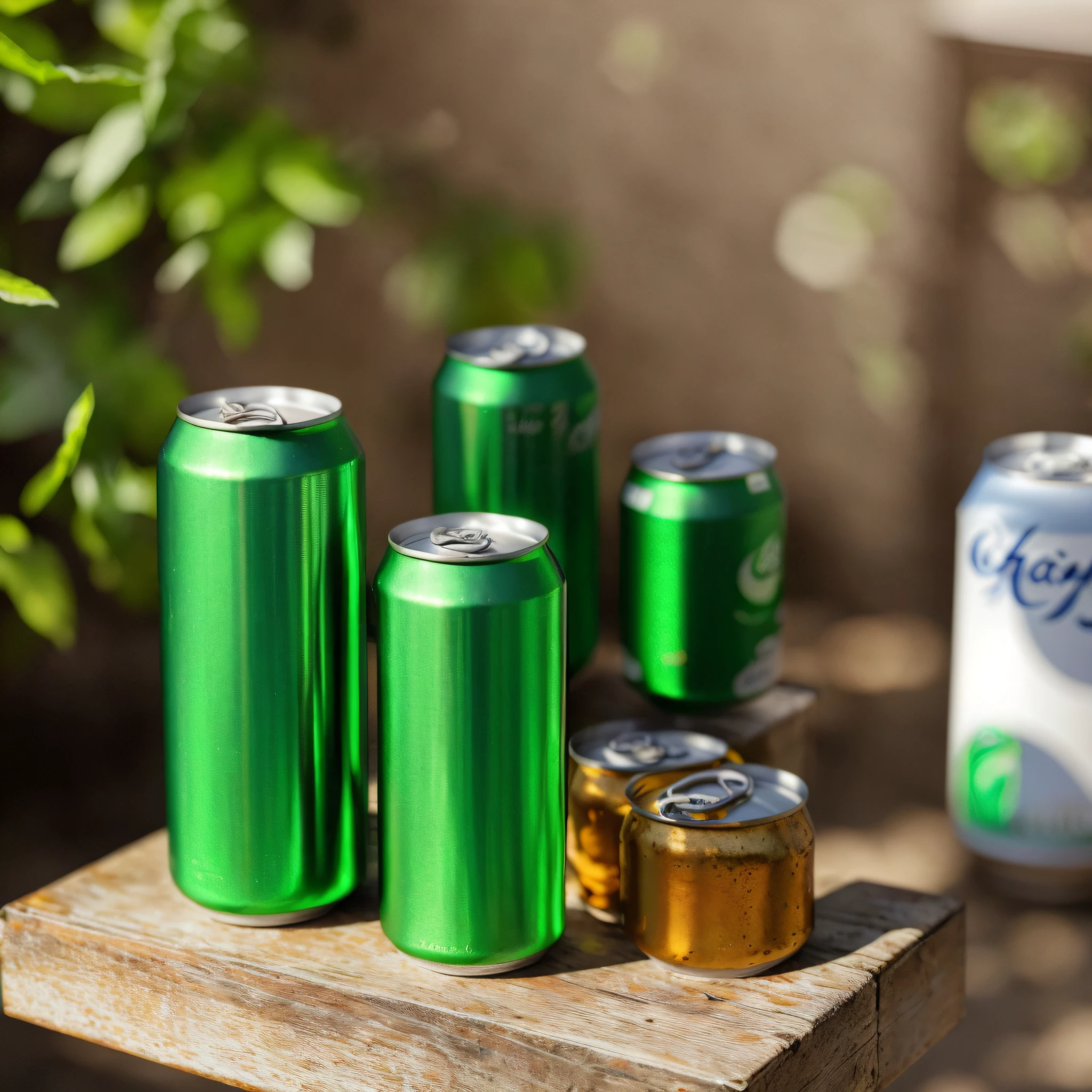 several cans of beer are sitting on a table next to a can, soda cans, cans, by Jakob Gauermann, on a sunny day, sparkling in the sunlight, by Thomas Häfner, high quality product photo, afternoon sunlight, perfect crisp sunlight, the sun is shining, sustainable materials, evening light, by Etienne Delessert, afternoon sunshine
