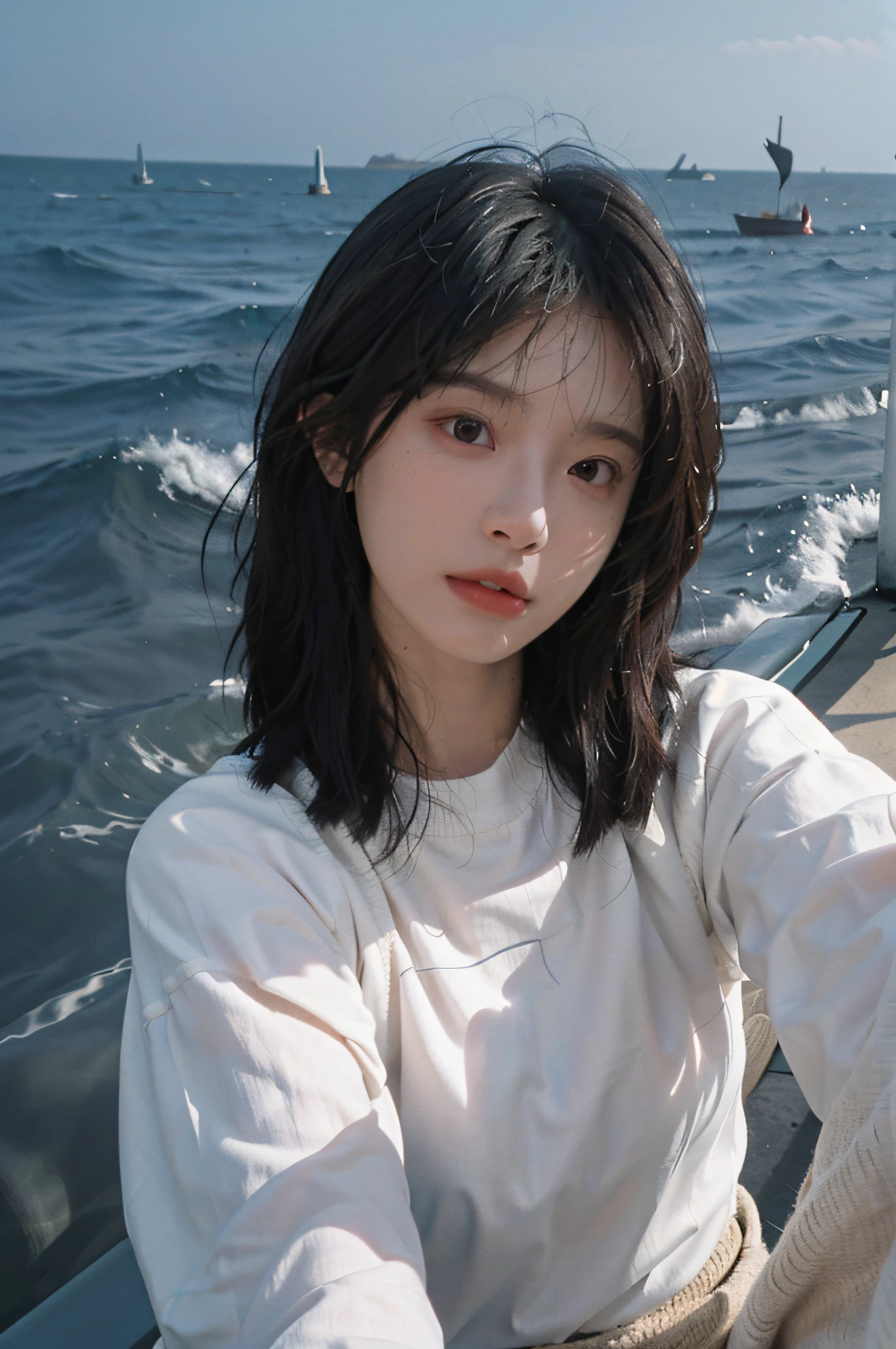 8K, Best Quality, Masterpiece, Ultra High Resolution, (Realism: 1.4), Original Photo, (Real Skin Texture: 1.3), (Film Grain: 1.3), (Selfie Angle), 1 Girl, Beautiful Eyes and Face Details, Masterpiece, Best Quality, Close-up, Upper Body, Beach by the Sea, Teleshot