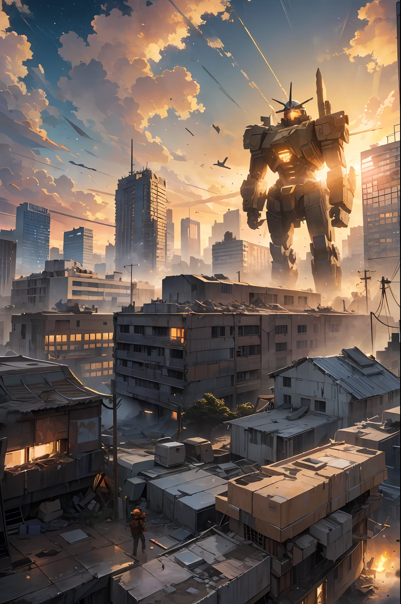 Run-down city, Battlefield, ruins, Gunsmoke fills, Broken giant robot, Orange sky, Dust, radiance, starry, from below, wide shot, cinematic lighting, blurry, Ultra-Wide Angle, best quality, 8k