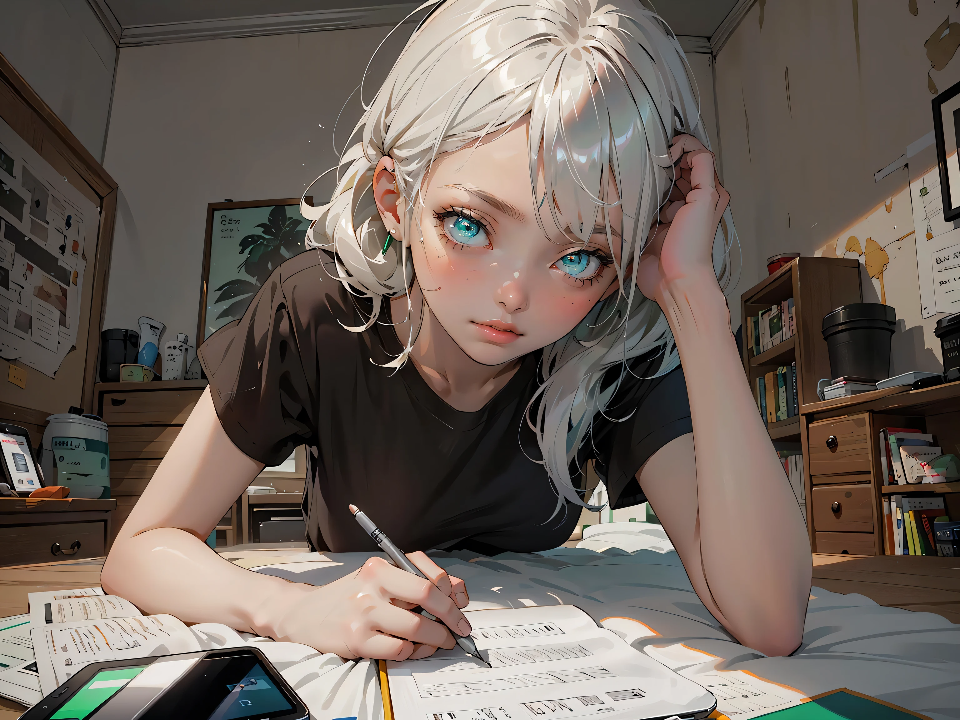 ((1girl,solo))absurdres, highres, ultra detailed, (1girl:1.3), (disheveled hair,beautiful detailed eyes,shiny oily skin:1.1),(green eyes)
 study room
Quiet music is playing in a dark room
various writing tools and electronic devices
Wearing shorts and a t-shirt
The girl is lying in bed and sleeping