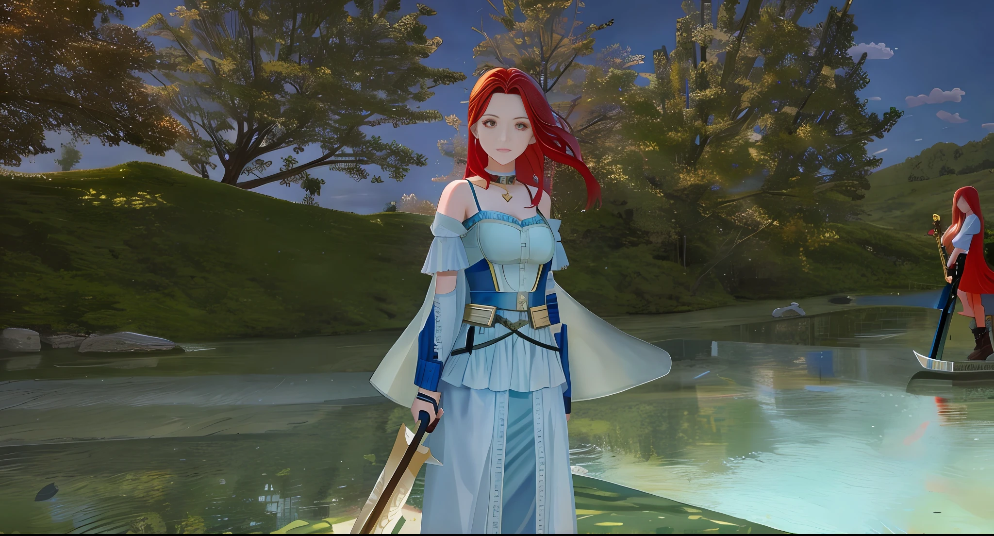 Girl with long red hair, girl holding a sword.