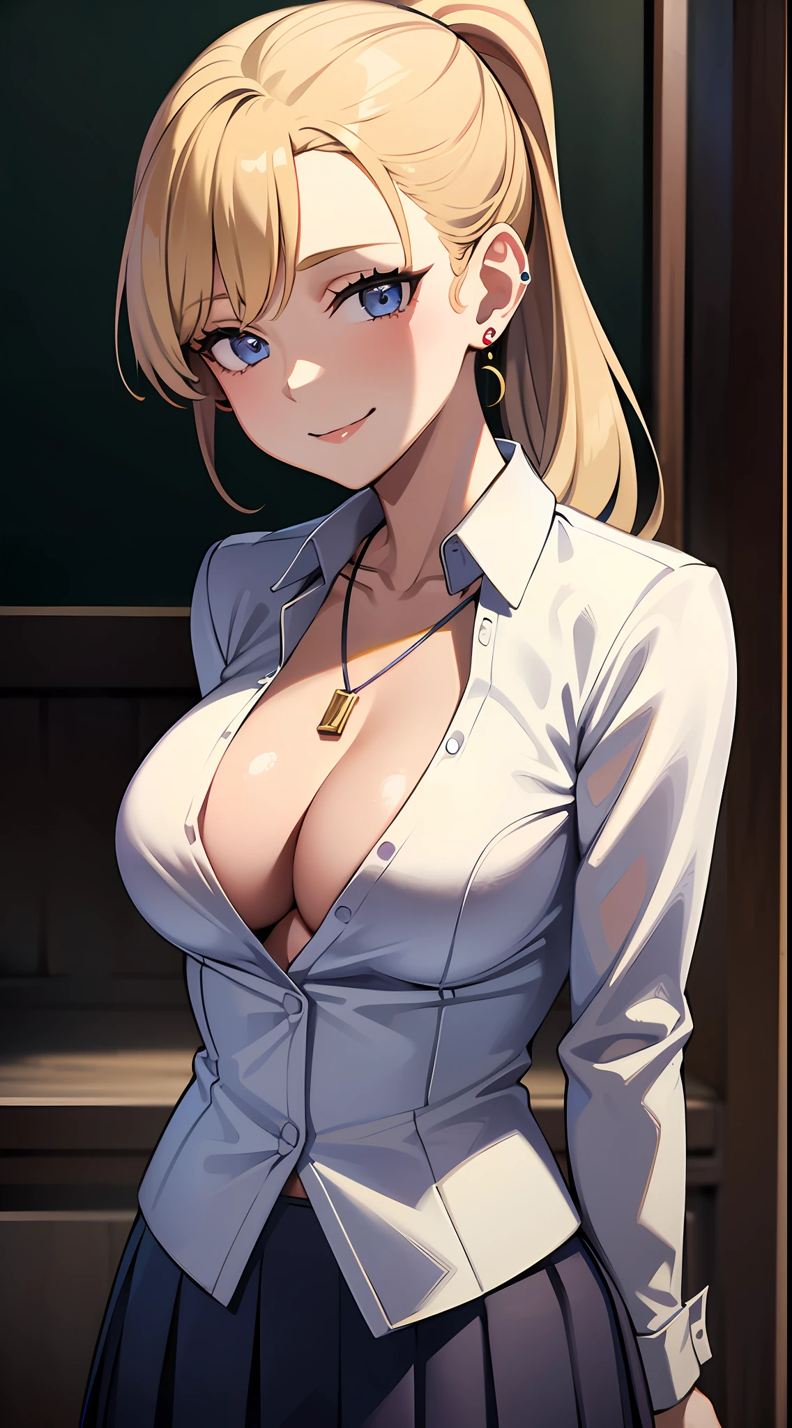 1girl, masterpiece, best quality, medium full shot, blonde ponytail, ((unbuttoned school uniform, cleavage, necklace, earrings, sexy body, breasts)), smiling, erotic pose, busty