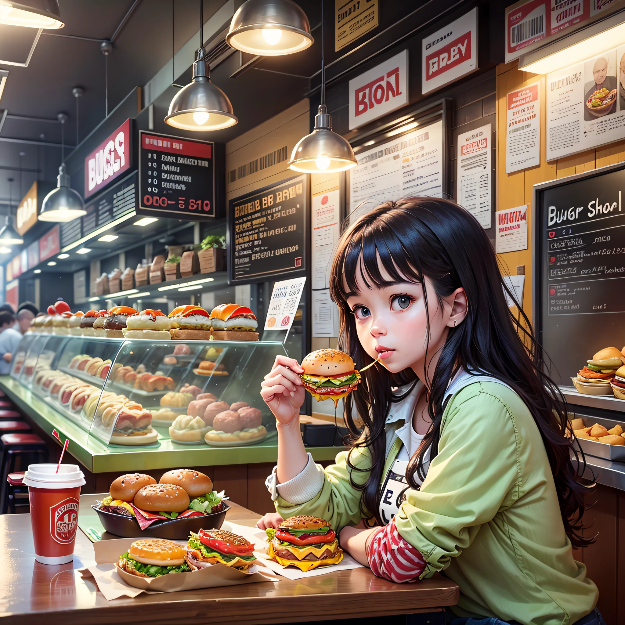 Burger shop, lots of burgers with potatoes, one very cute and casual woman is eating, bright colors, 8K, dynamic wallpaper, very delicate, very dense --auto --s2