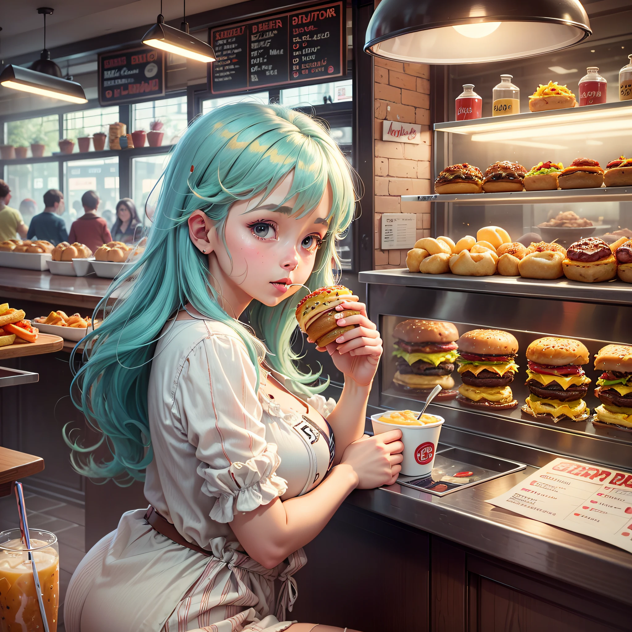 Burger shop, lots of burgers with potatoes, one very cute and casual woman is eating, bright colors, 8K, dynamic wallpaper, very delicate, very dense --auto --s2
